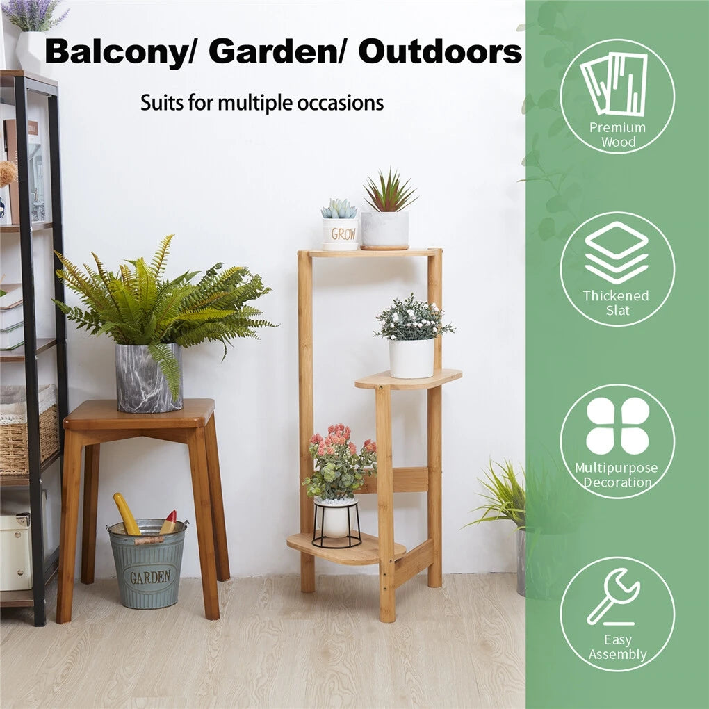 3-Laags Bamboe Plantenstandaard voor Binnen – Hoek Plantenrek voor Balkon, Woonkamer en Slaapkamer