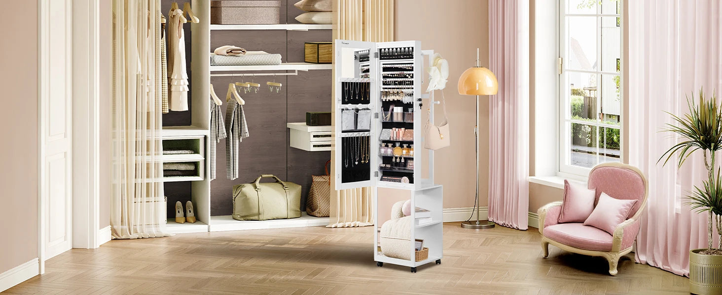 Sieradenkast met Spiegel en LED Verlichting – Staande Sieraden Organizer met Kledingrek, Opbergrek en Wielen
