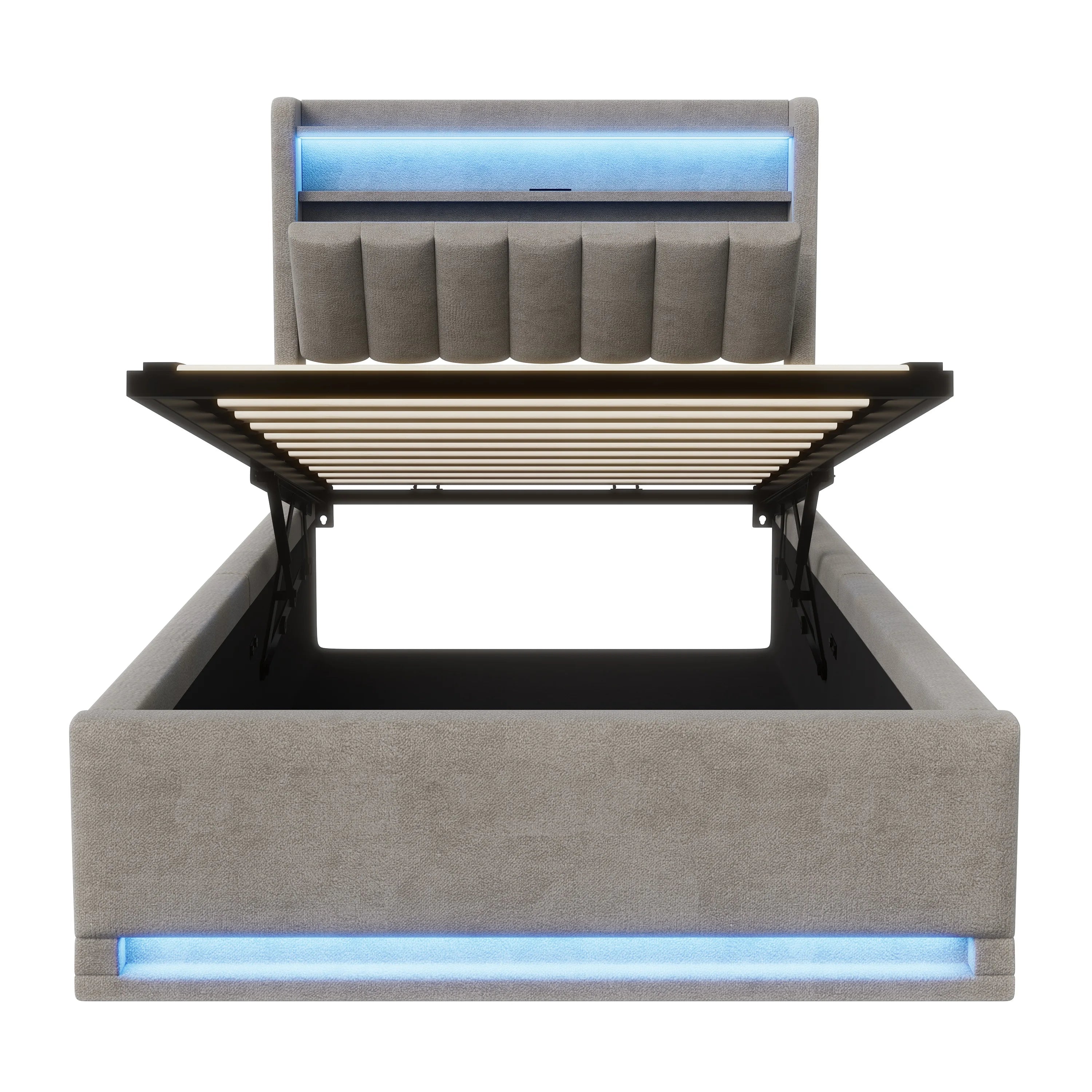 Tweepersoonsbed met geïntegreerde LED‑verlichting, USB‑oplaadfuncties en opbergruimte – Modern en functioneel bedframe
