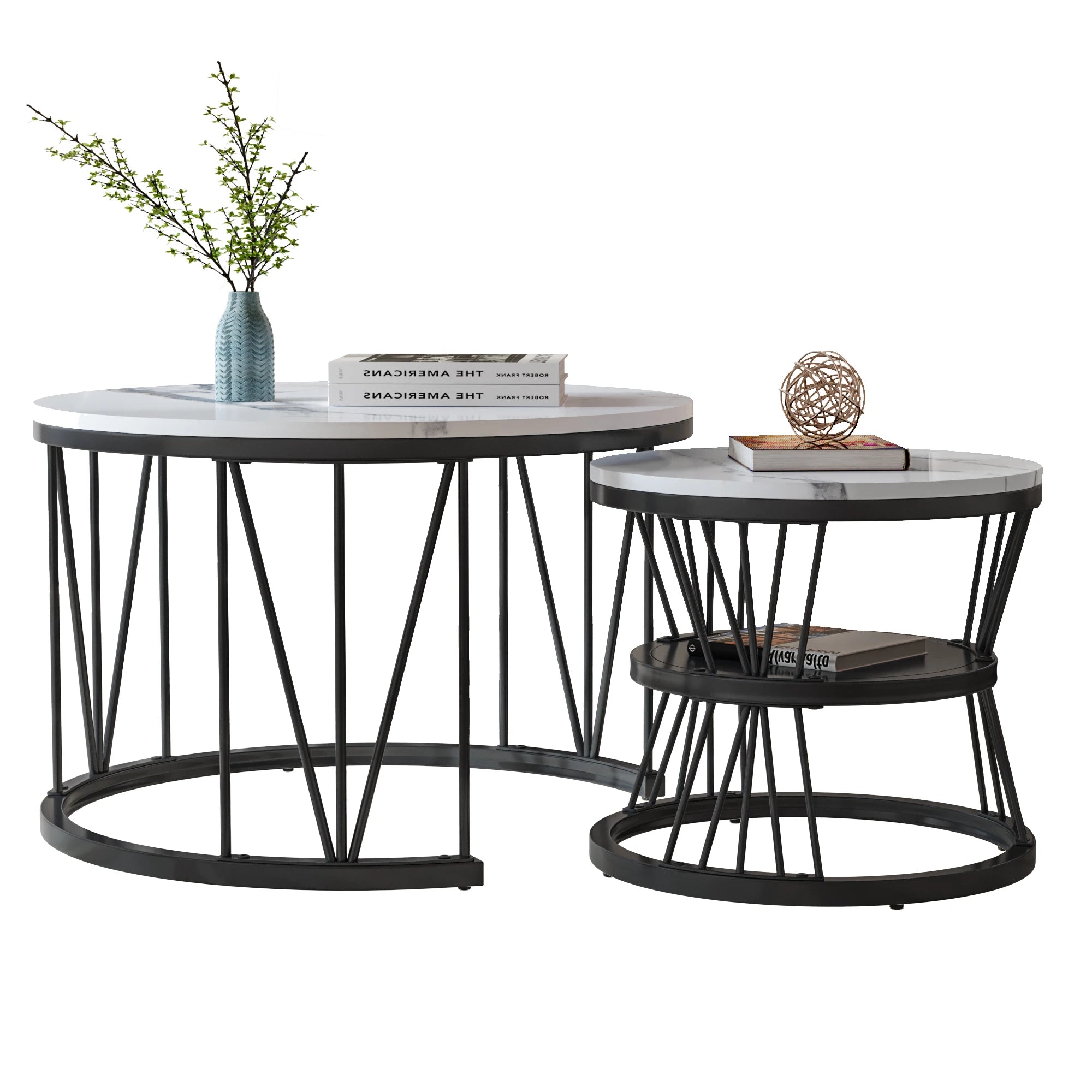 Set van 2 Ronde Marmeren Koffietafels – Goud/Wit – Luxe Salontafel Set