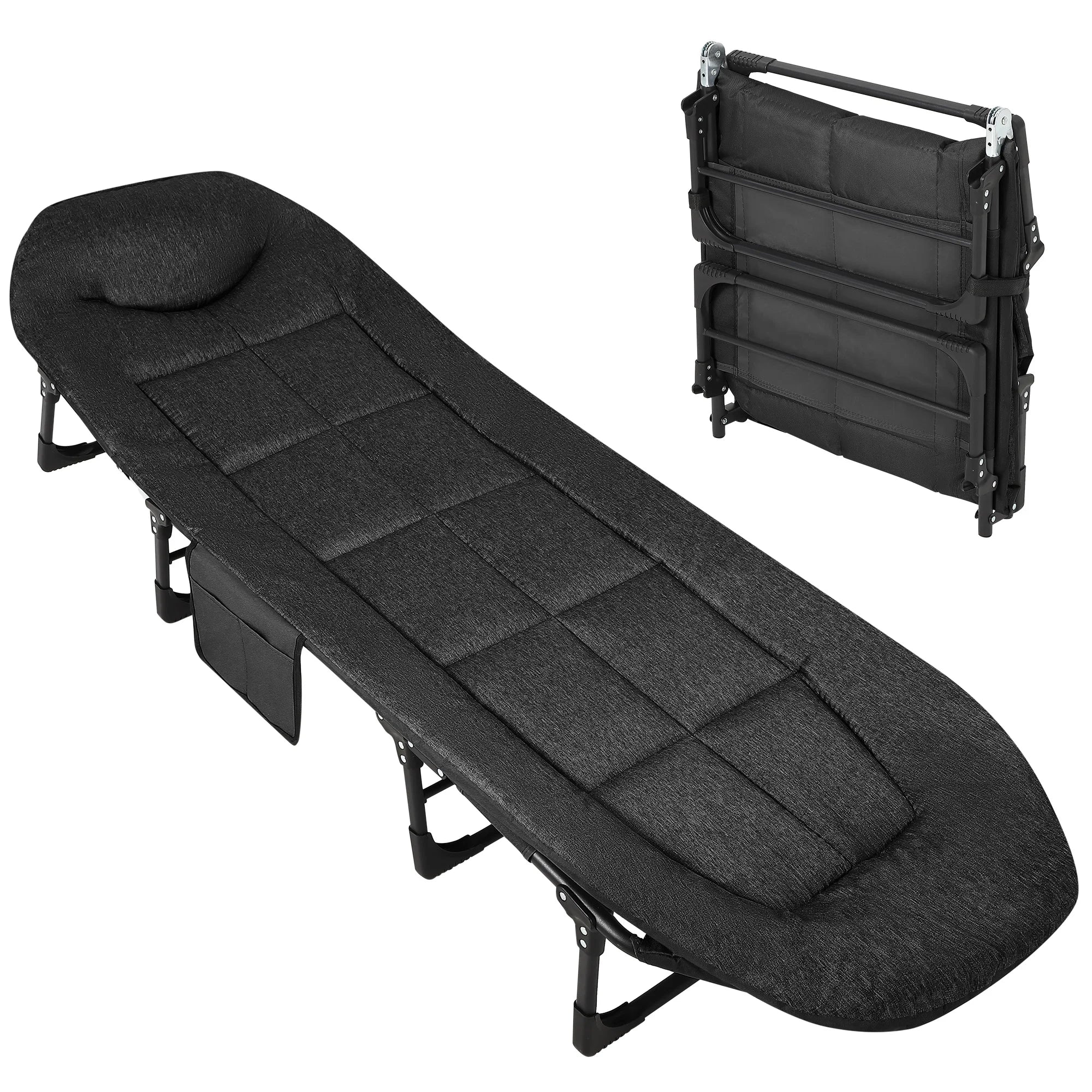 Draagbaar Campingbed met Matras en Kussen – Opvouwbaar Ligbed met Verstelbare Rugleuning en Zijvak