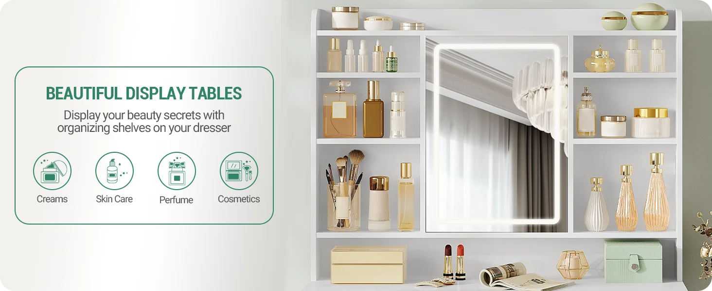 Kaptafel met LED Spiegel en Opbergruimte – Moderne Make-up Tafel met 3 Laden, Kast en Schappen – Witte Dressing Table voor Slaapkamer