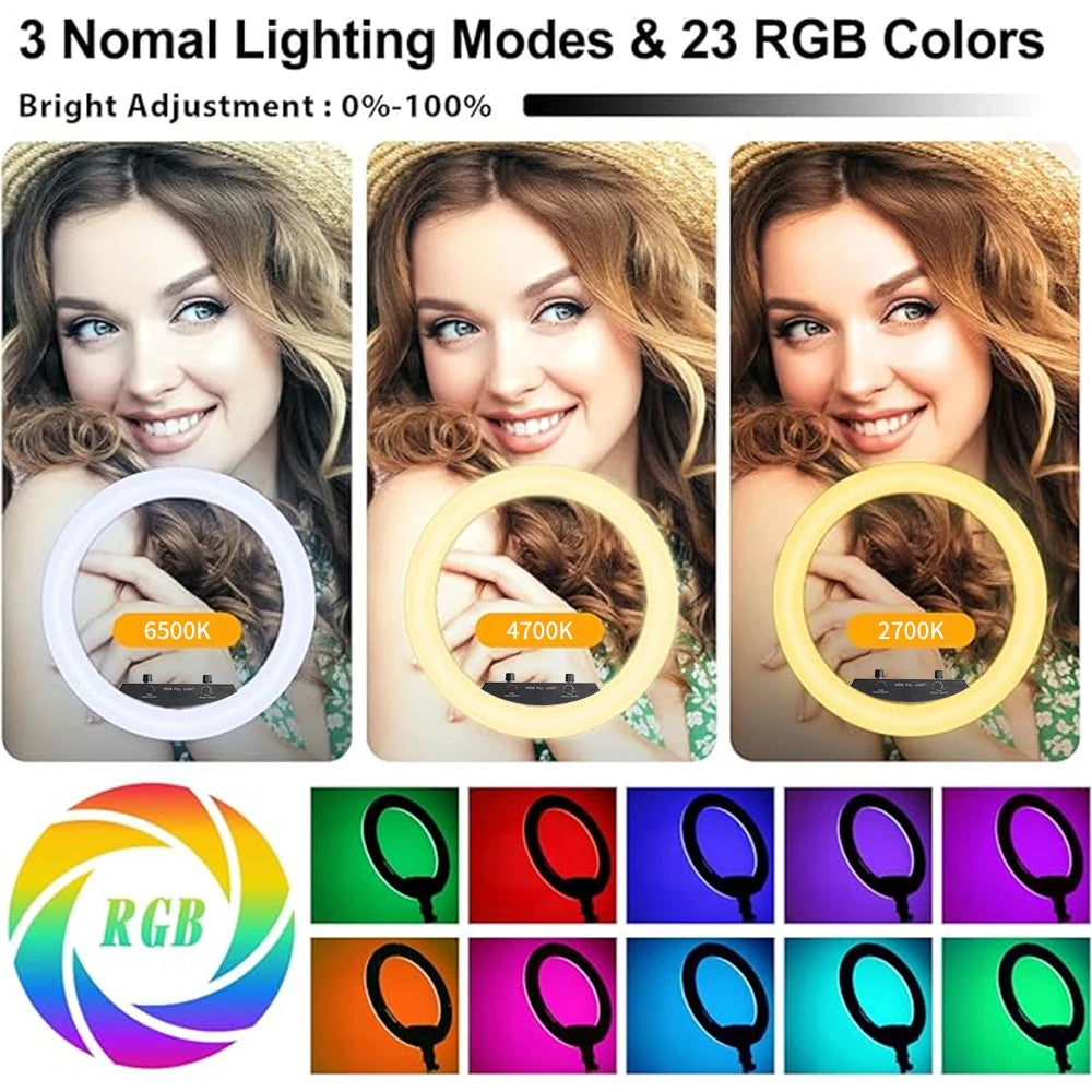 Dimbare 18 Inch RGB Selfie Ringlamp met Tripod en Telefoonhouder – Make-up, YouTube en Fotografie Studio Verlichting