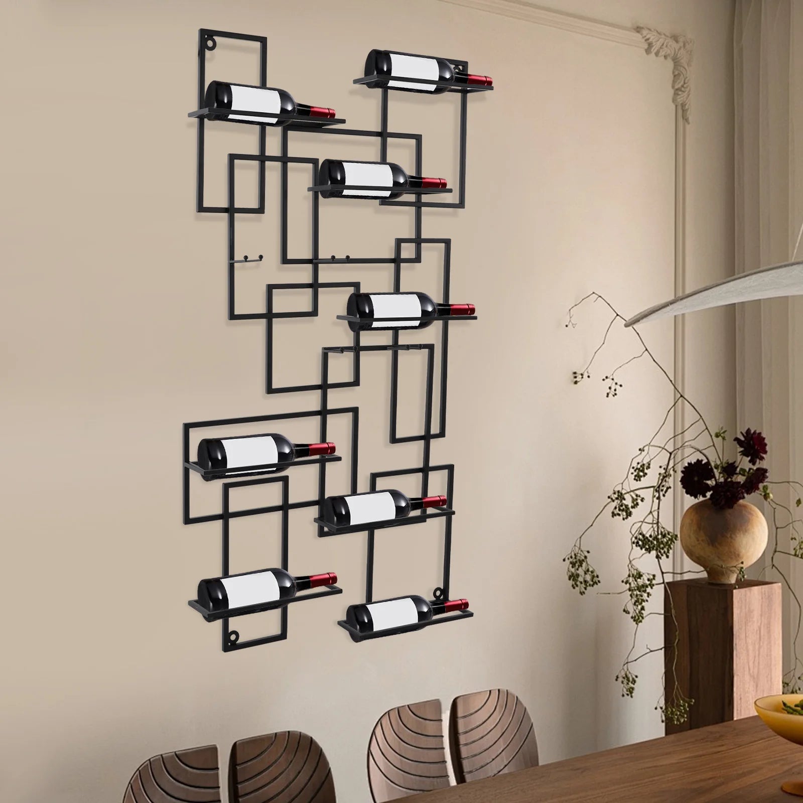 Wand Wijnrek Metaal Zwart – Modern Geometrisch Design – Wijnrek voor 10 Flessen – Industrieel & Luxe Wanddecoratie