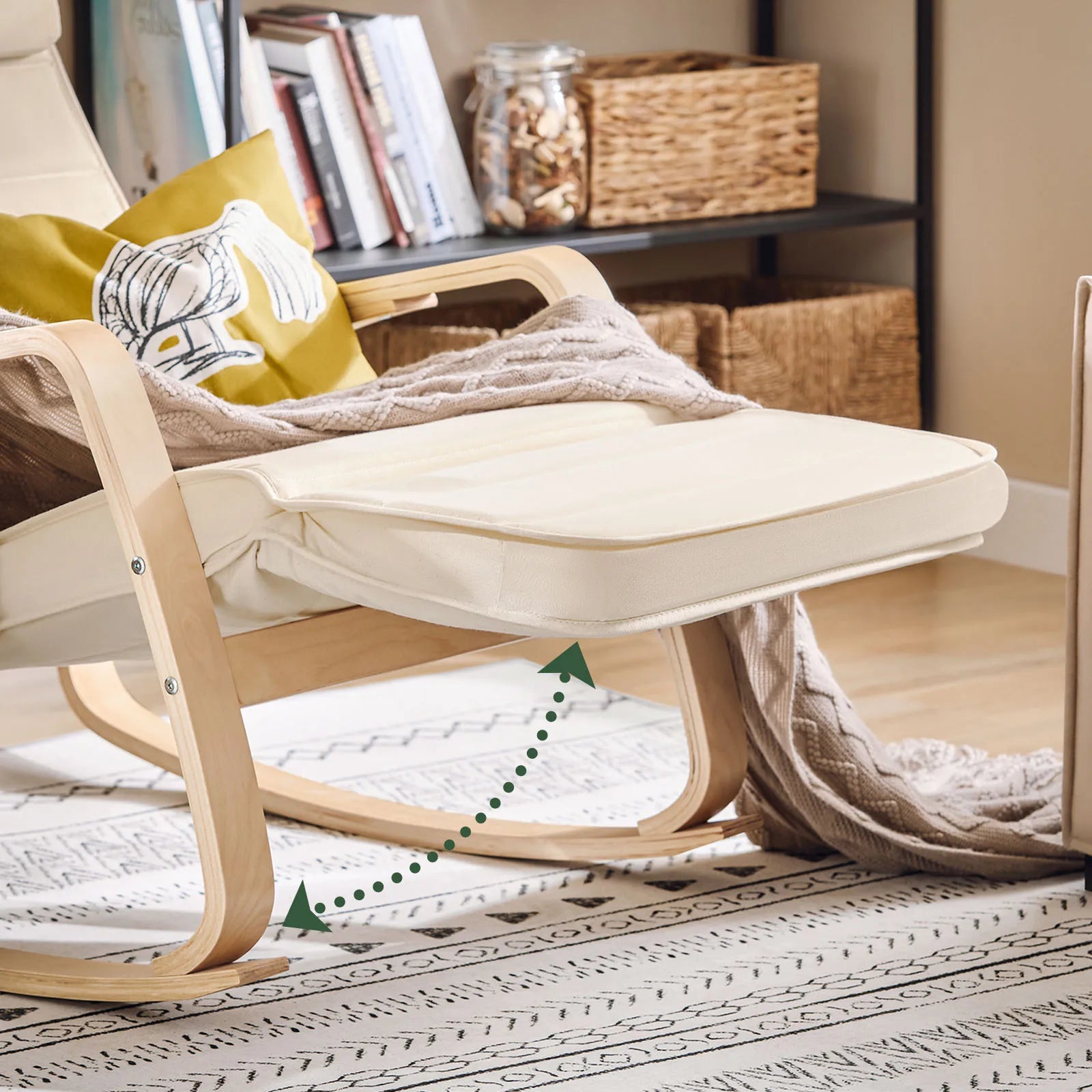 Schommelstoel met Voetensteun Berkenhout – Verstelbare Relaxstoel Beige 150 kg