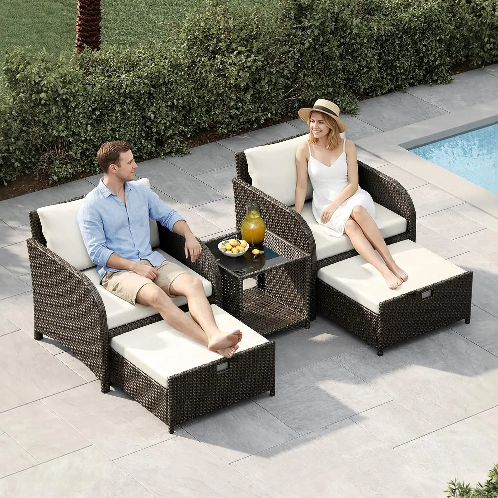 5-Delige Rotan Loungeset met Voetenbanken & Glazen Tafel – Tuinset voor Balkon, Terras & Tuin