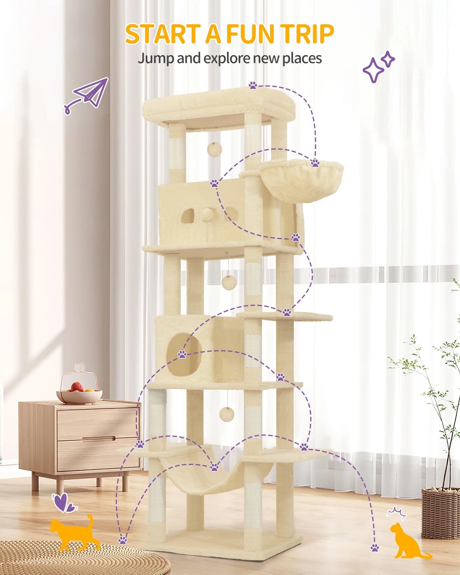 210 cm Grote Krabpaal Kattenboom – Luxe Multi-Level Kattenhuis met Krabpalen, Hangmat & Speelgoed voor Grote en Meerdere Katten