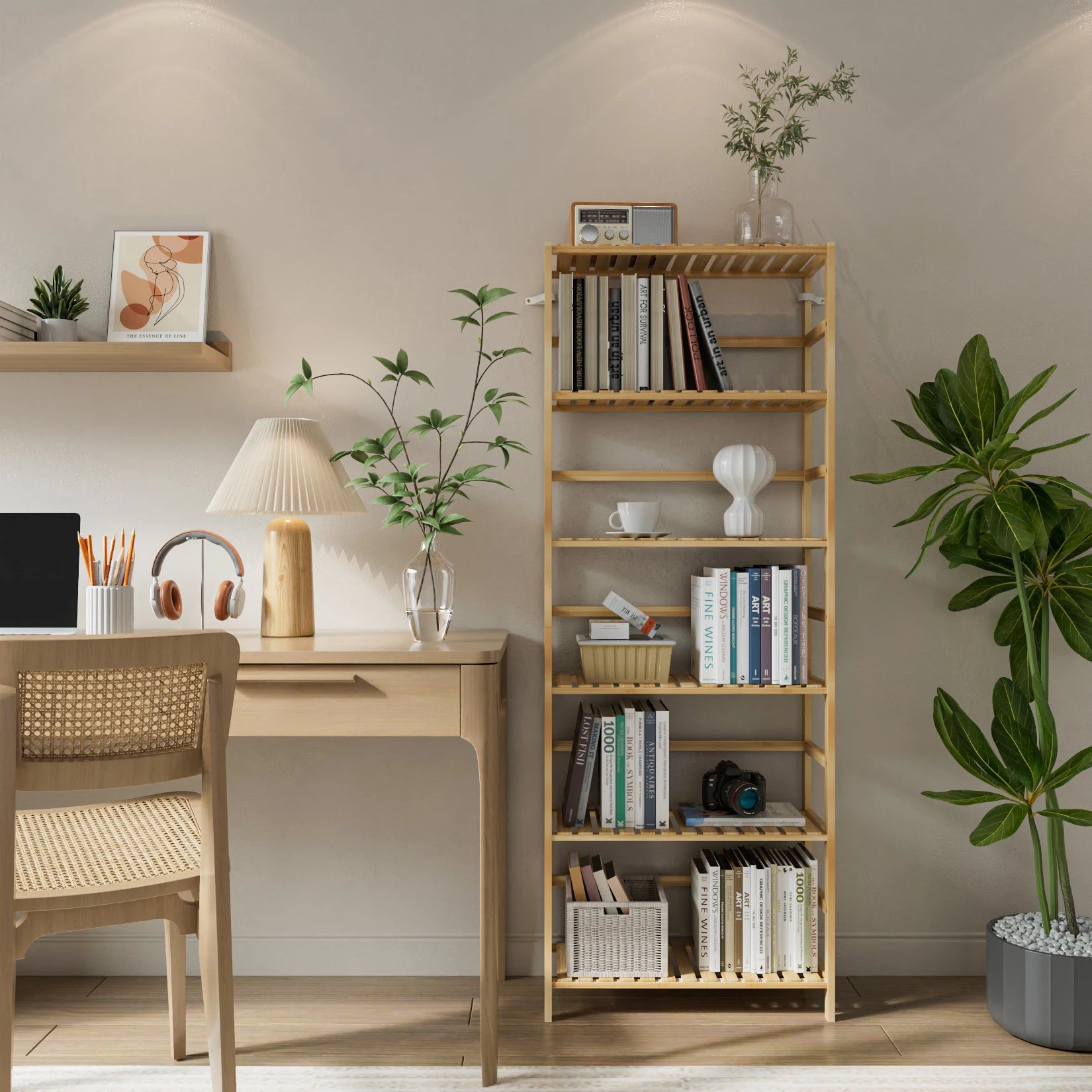 6-Laags Bamboe Boekenkast met Verstelbare Planken – Duurzaam Opbergrek voor Woonkamer, Slaapkamer en Kantoor