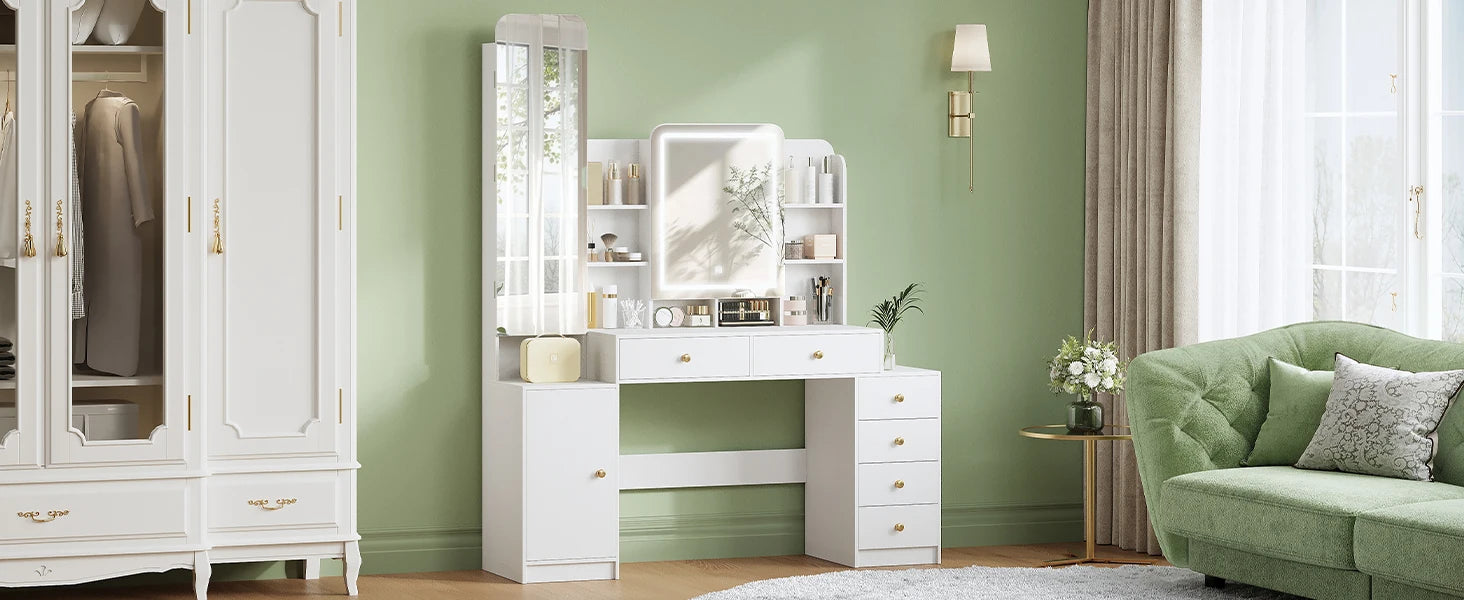 Moderne Make‑up Tafel met LED‑Verlichting, Spiegel & Veel Opbergruimte – 8 Open Vakken, 6 Laden, Sieradenvak – Witte Kaptafel voor Slaapkamer