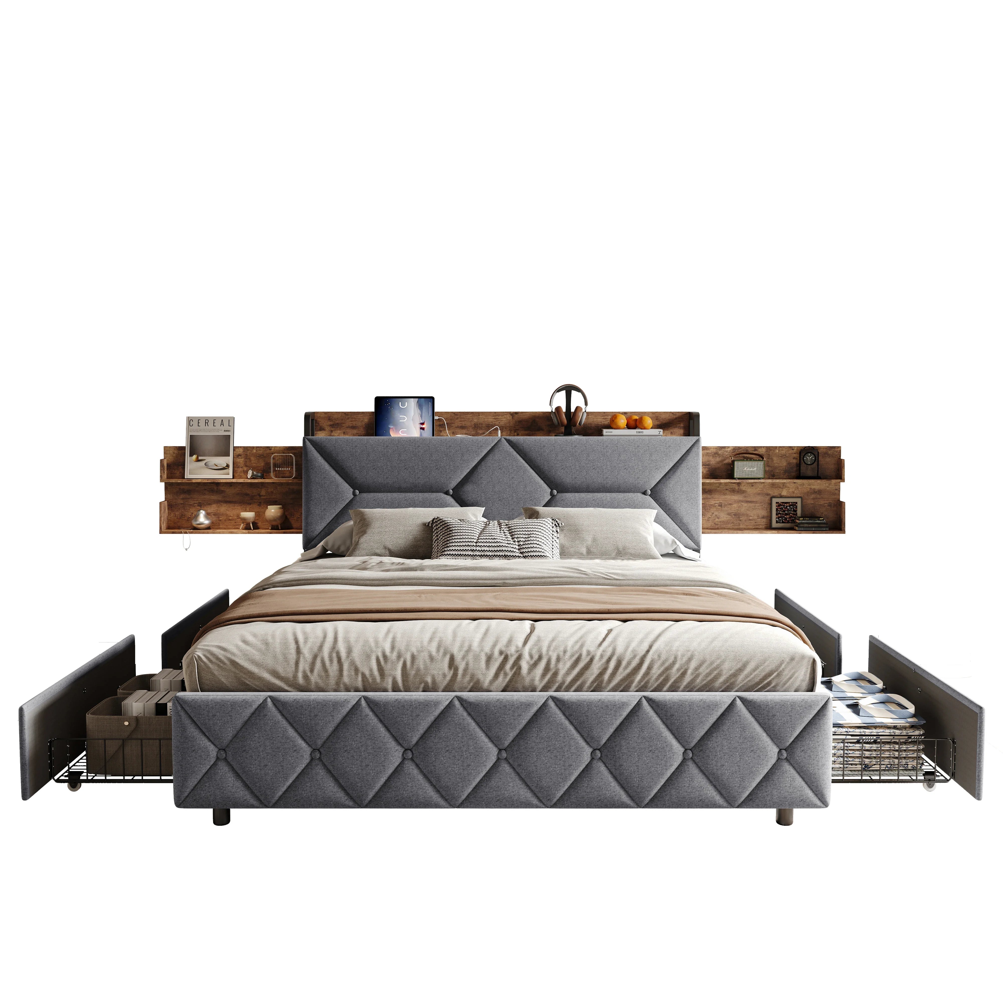 Gestoffeerd tweepersoonsbed met LED‑verlichting, USB‑oplaadfunctie en 4 lades – ideaal voor moderne slaapkamers