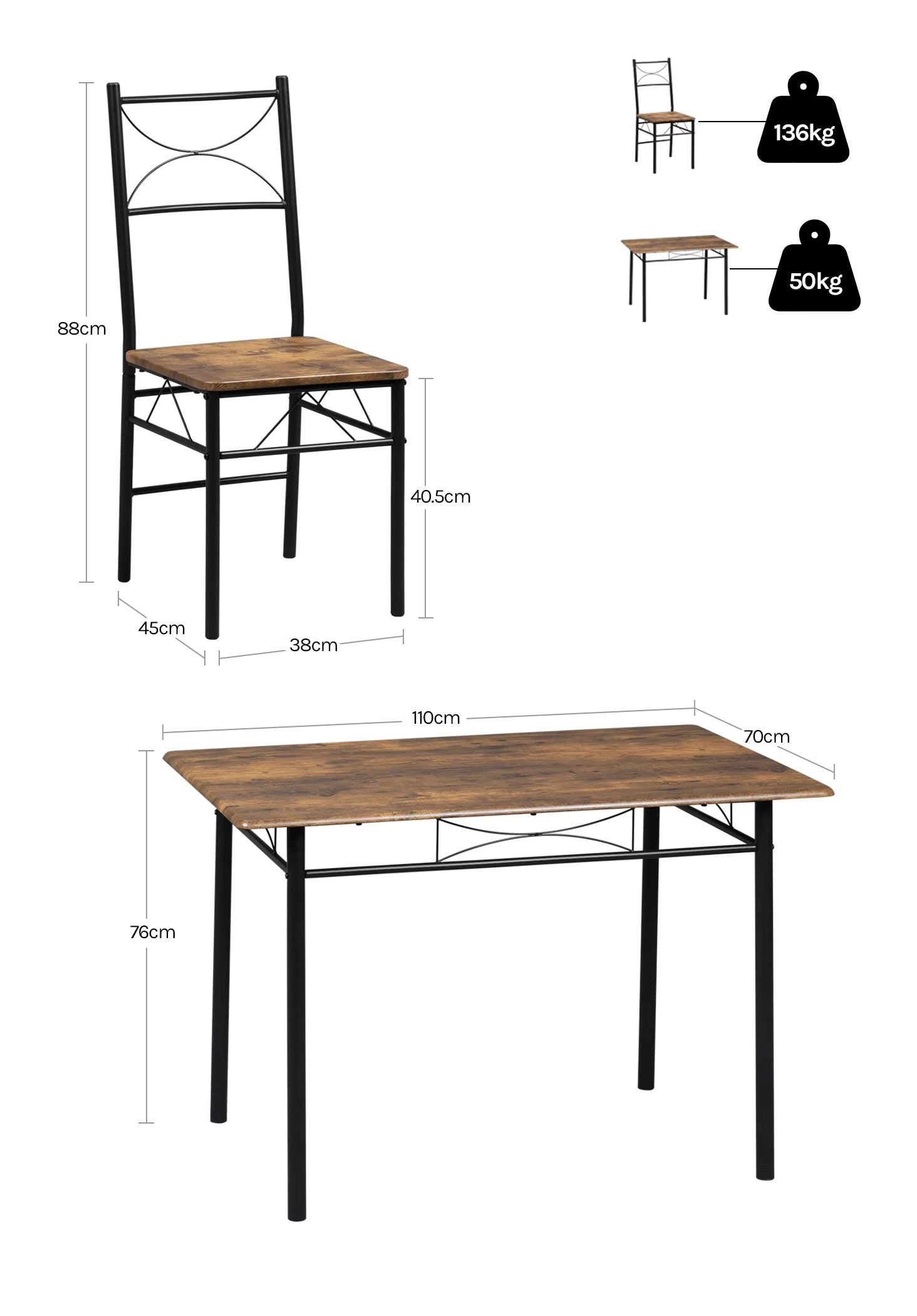 Eettafel Set voor 4 Personen – Rechthoekige Tafel met 4 Stoelen