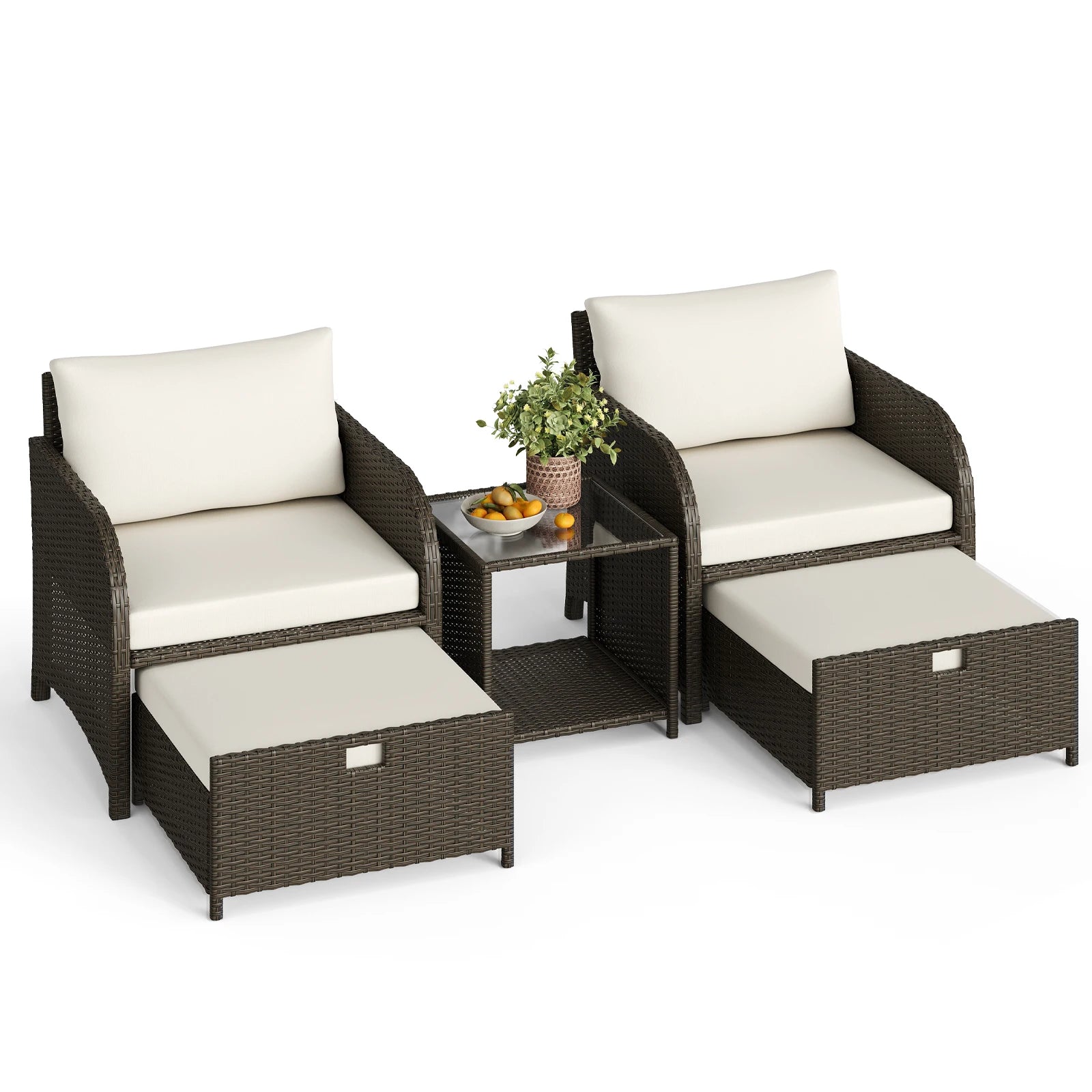 5-Delige Rotan Loungeset met Voetenbanken & Glazen Tafel – Tuinset voor Balkon, Terras & Tuin