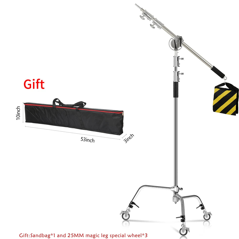 Opvouwbaar RVS Lichtstatief 2,6M – Professioneel Driepoot C-Stand Statief met Dwarsbalk en Klemmen voor Fotografie en Studioverlichting
