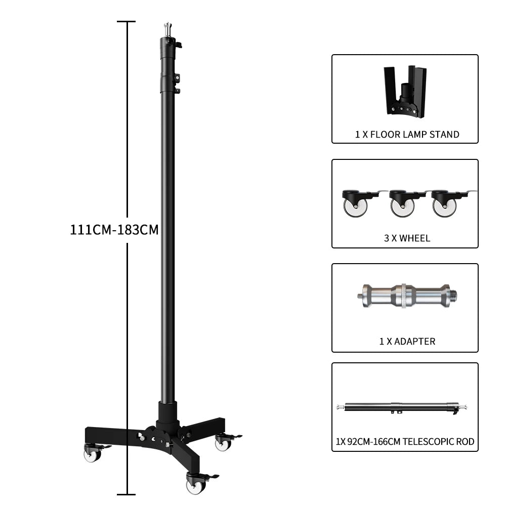Metalen Vloerlampstatief met Wielen – Fotografie Statief 24‑125 cm Hoogte – Lichtgewicht en Multifunctioneel
