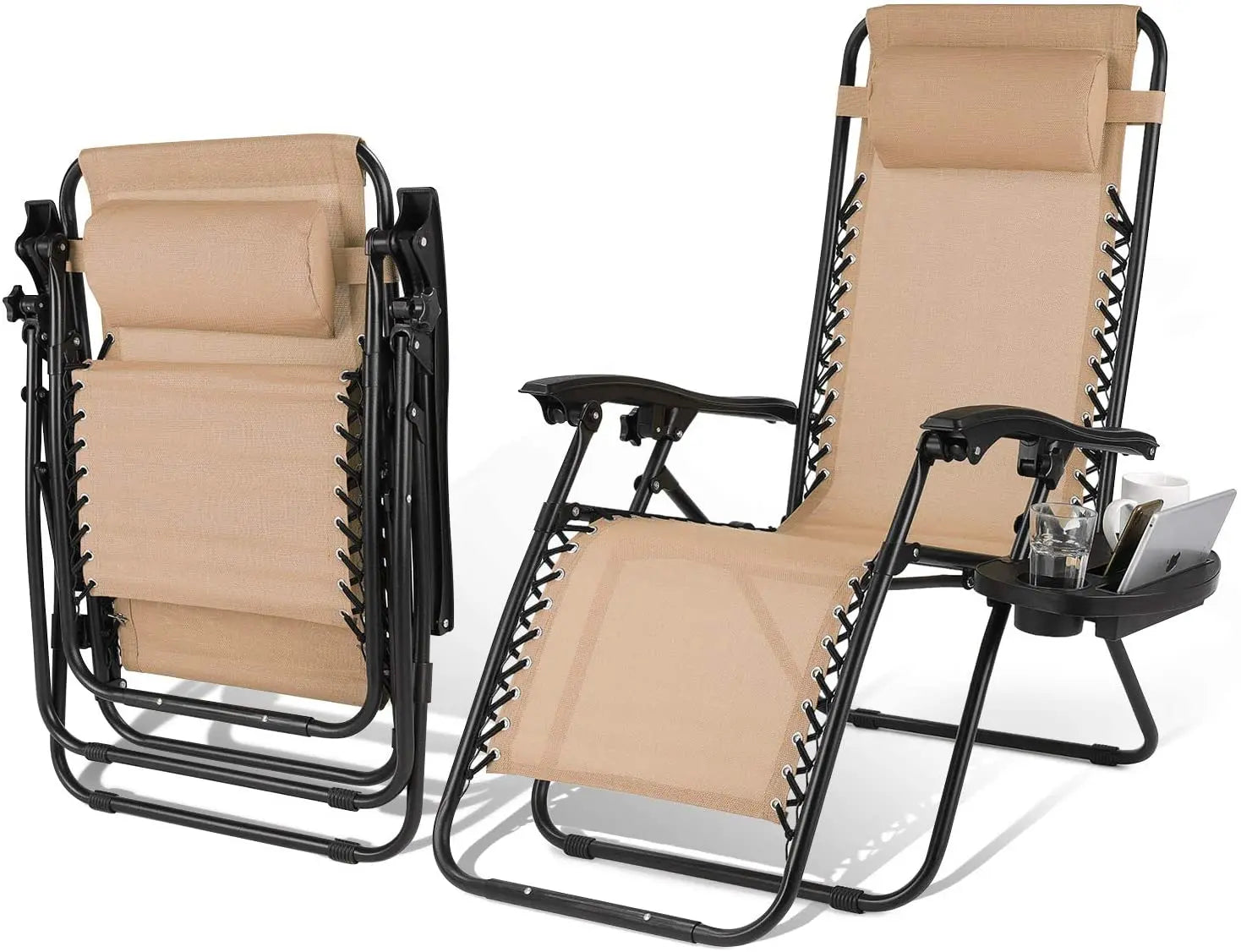 Inklapbare Zero Gravity Ligstoel met Bekerhouder en Dienblad – Verstelbare Campingstoel voor Tuin, Strand en Balkon (Tot 140 kg)