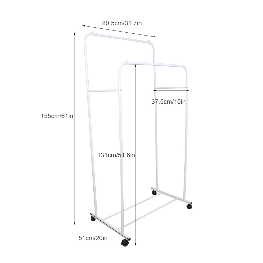 Heavy Duty Kledingrek op Wielen – Dubbele Stangen met Opbergrek voor Slaapkamer, Wasruimte en Winkel