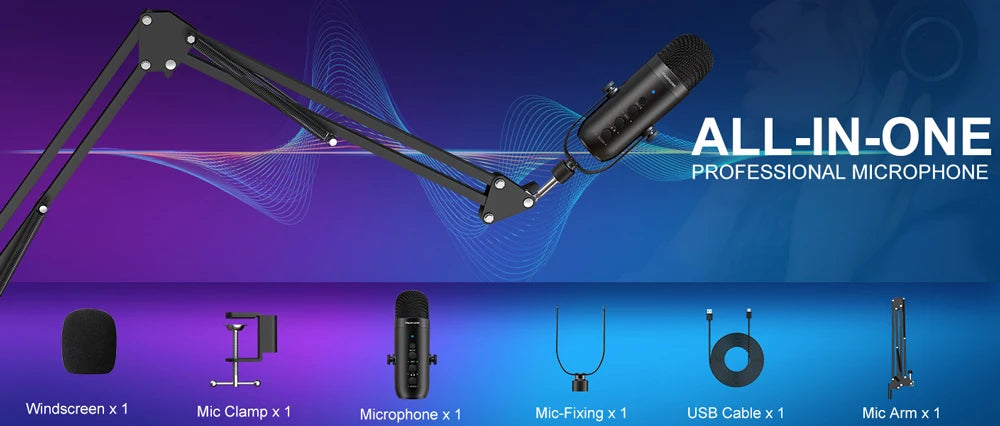 USB condensator microfoon set met boom arm – Cardioïde studio microfoon voor podcast, streaming en gaming