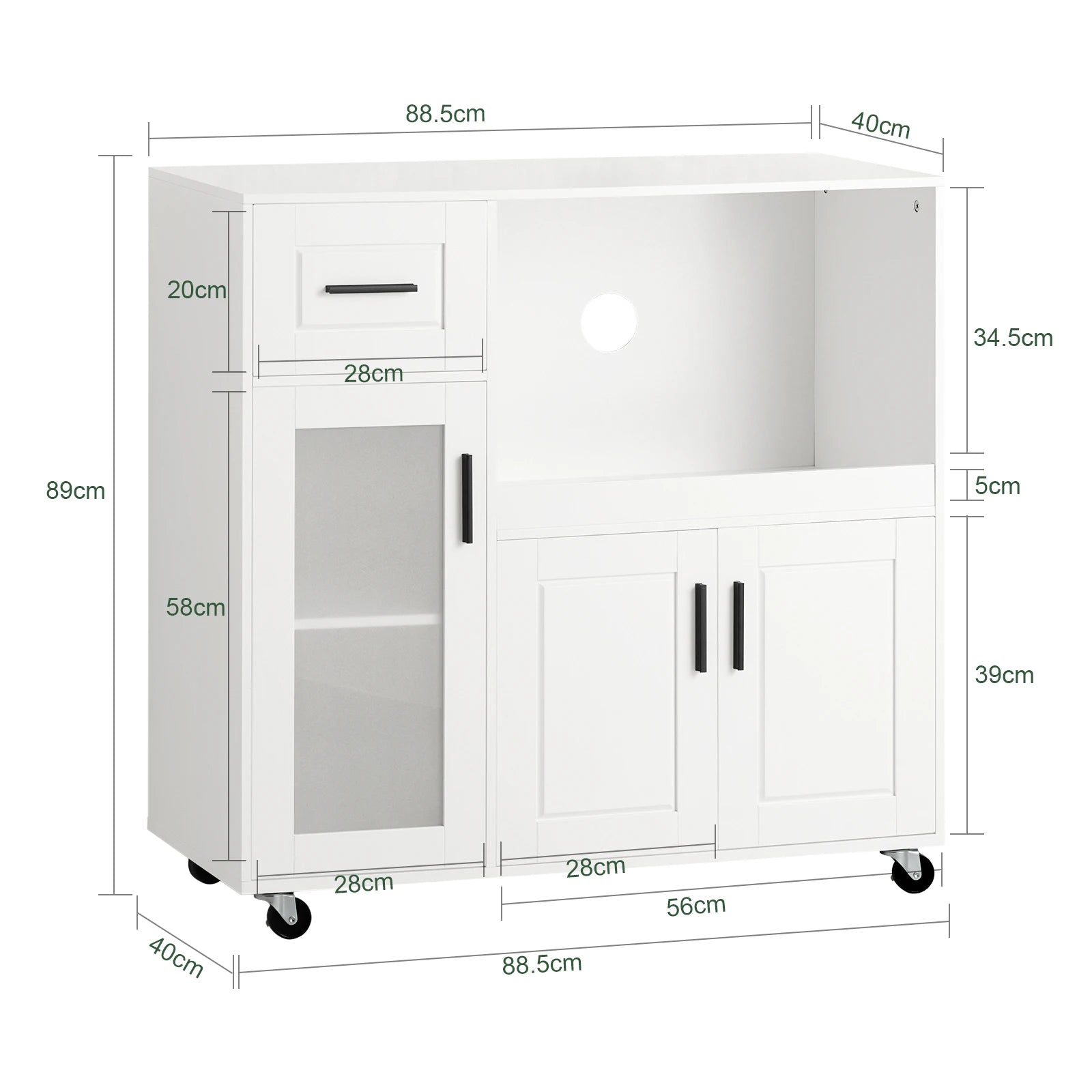 Verplaatsbare Keukentrolley met Wieltjes – Dressoir met Magnetronkast & Lade – Wit MDF Keukenkastje