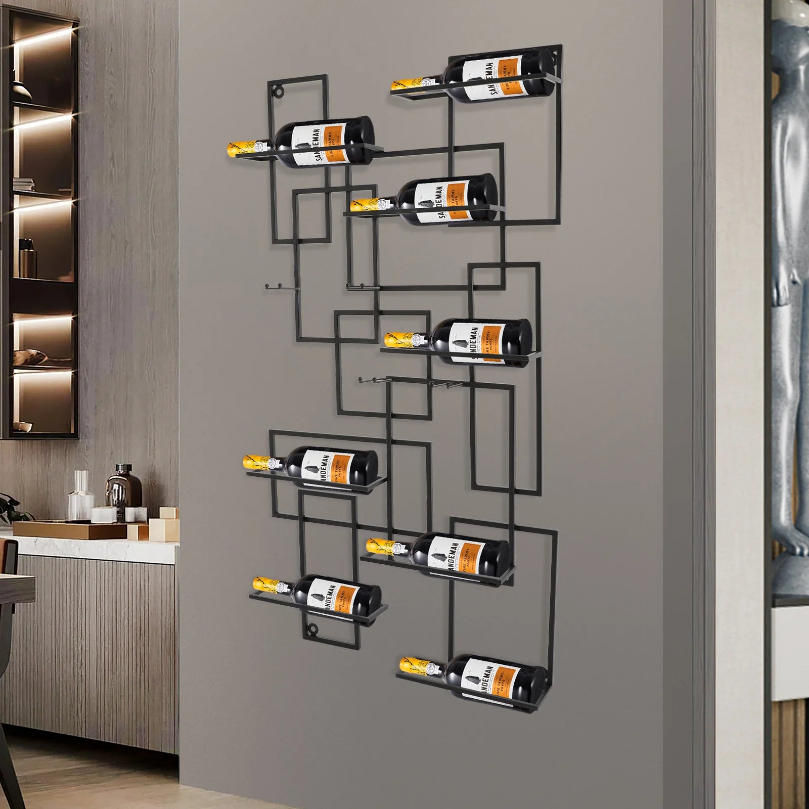 Wand Wijnrek Metaal Zwart – Modern Geometrisch Design – Wijnrek voor 10 Flessen – Industrieel & Luxe Wanddecoratie