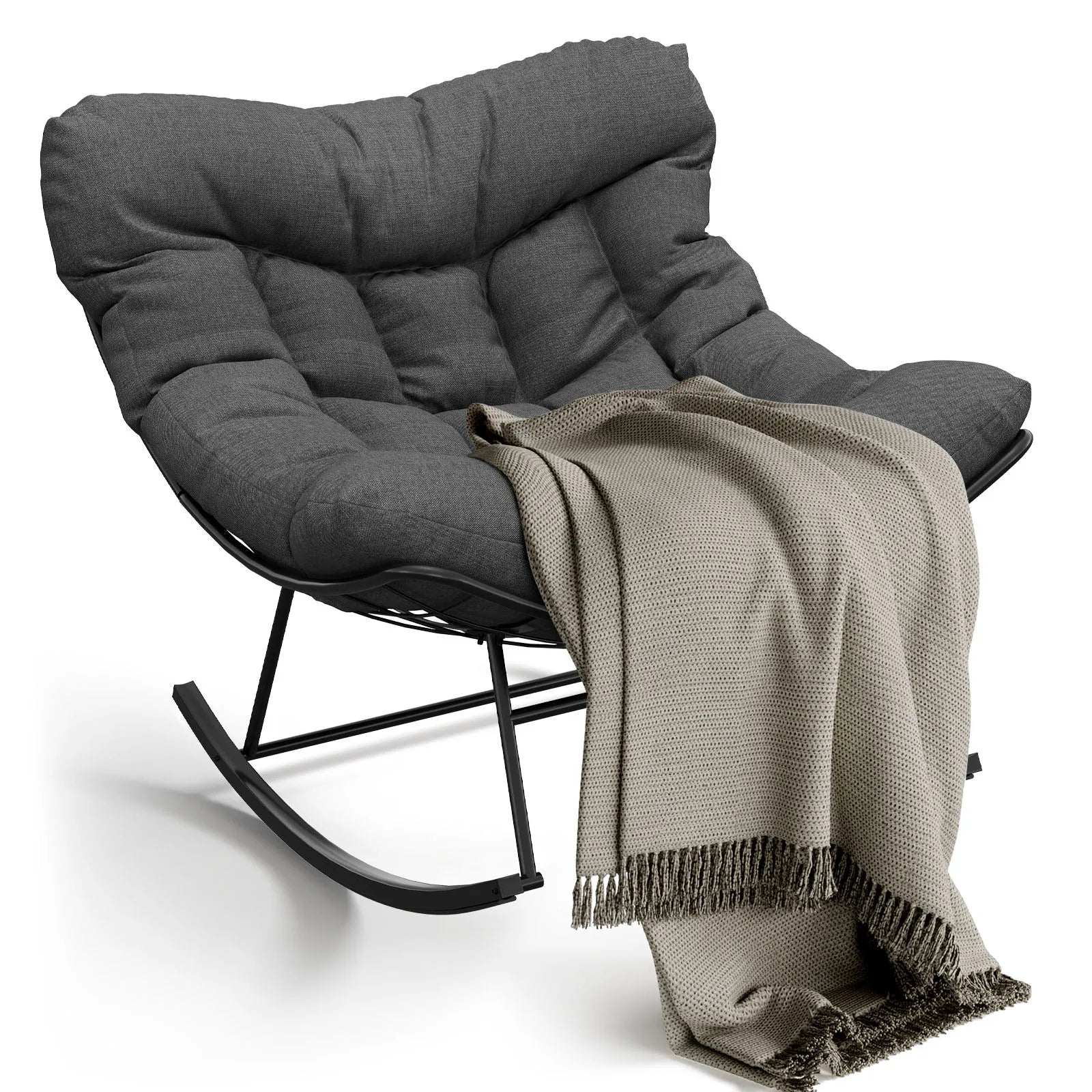 Papasan Schommelstoel voor Buiten met Kussen – Grote Rotan Loungestoel met Metalen Frame voor Tuin, Balkon & Veranda
