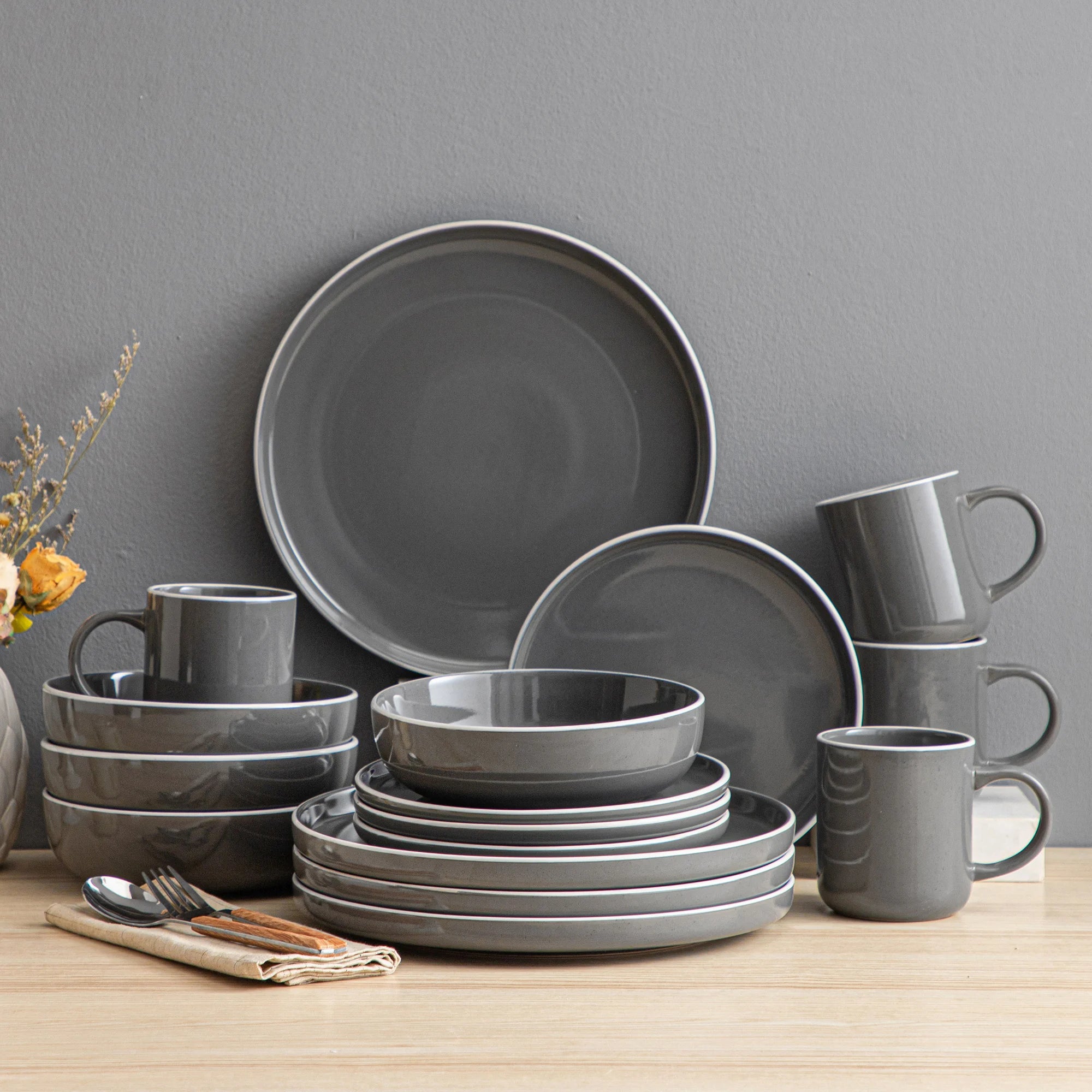 Serviesset 16-delig – Grijs Steengoed Servies voor 4 Personen – Modern & Duurzaam Keramisch Servies