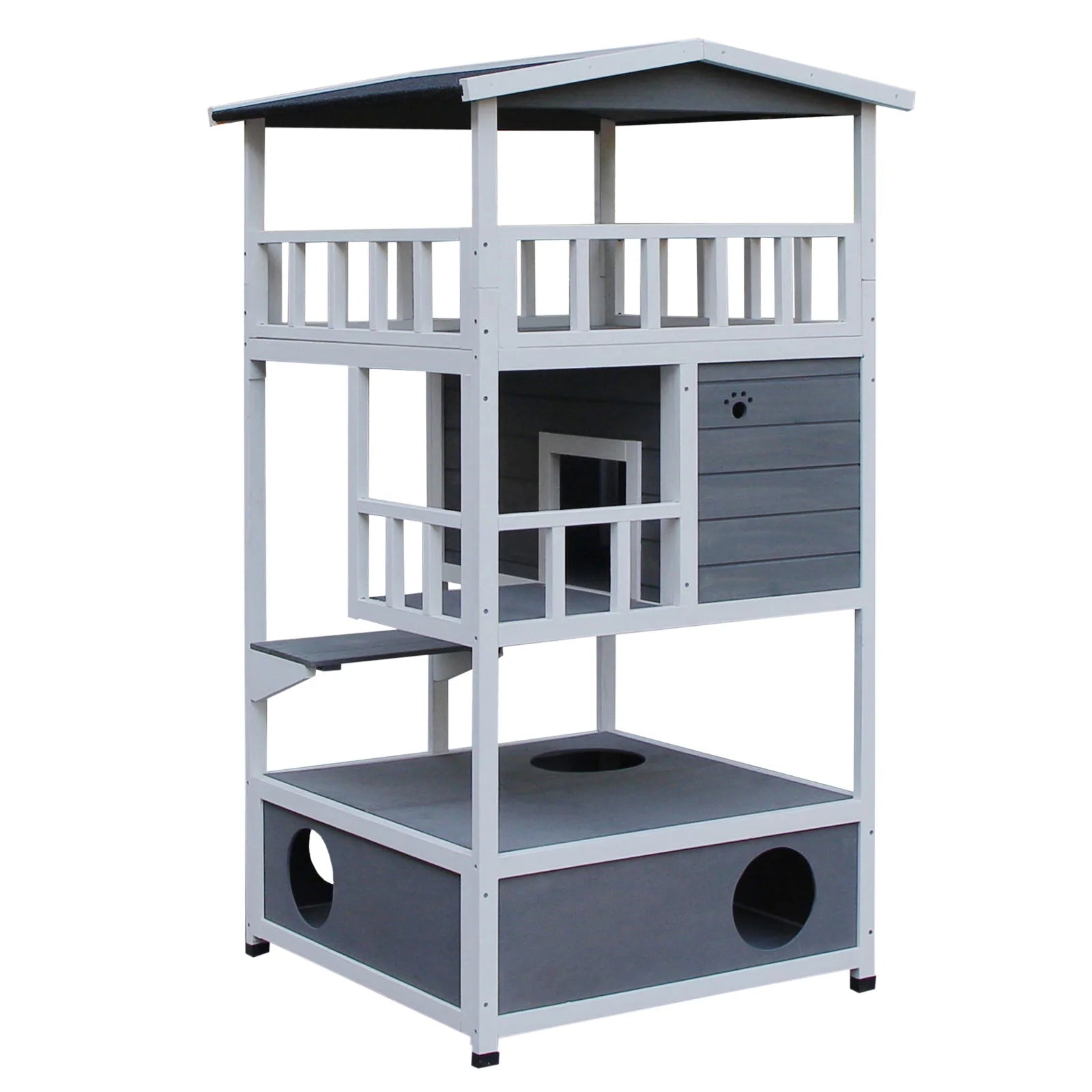 Houten Kattenhuis Buiten & Binnen – 3 Verdiepingen, Weerbestendig Dak, 78x76x140 cm Grijs/Wit