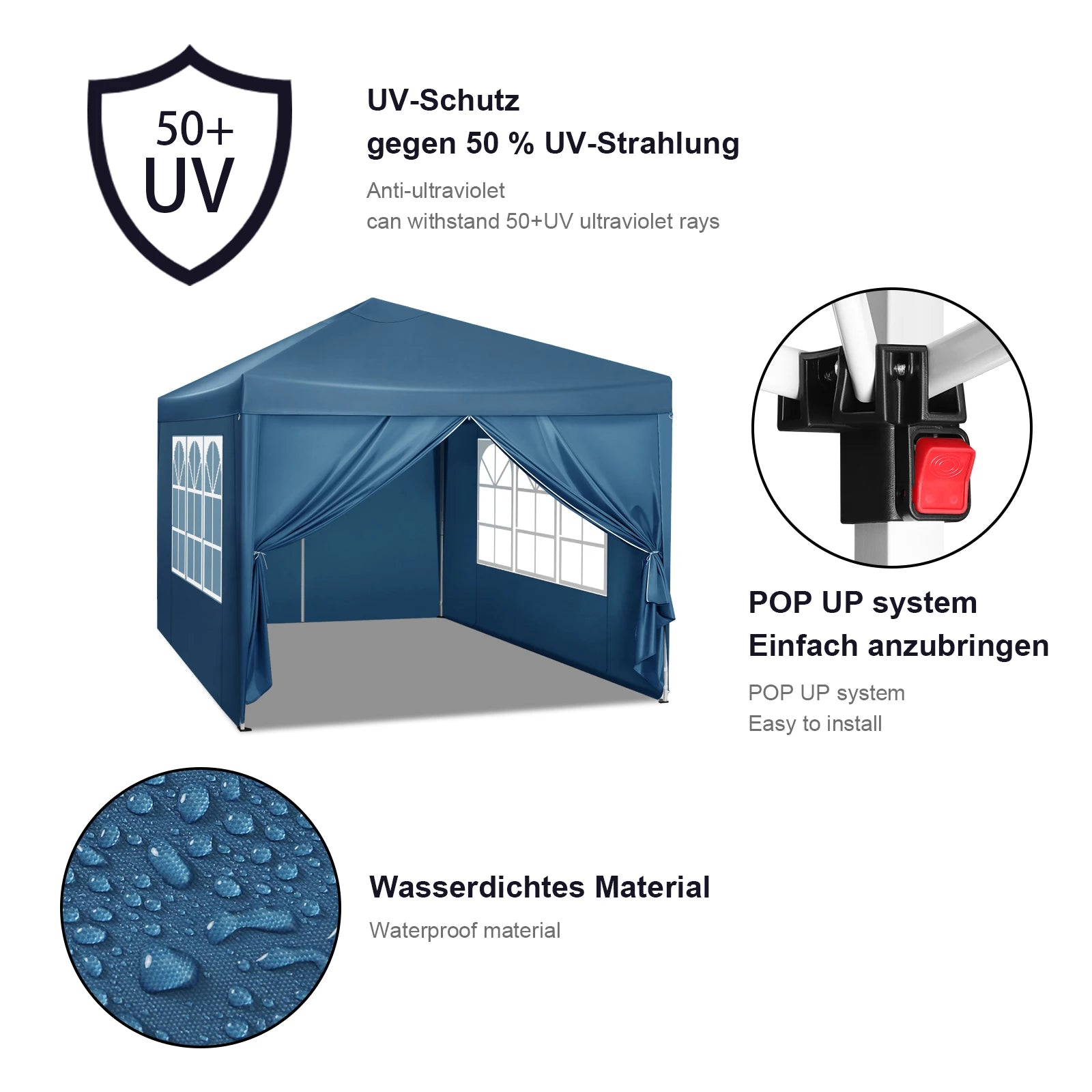 Easy Up Partytent 3x3 m – Opvouwbare Waterdichte Tuintent met UV-bescherming - Pop‑Up Systeem - Inclusief Draagtas