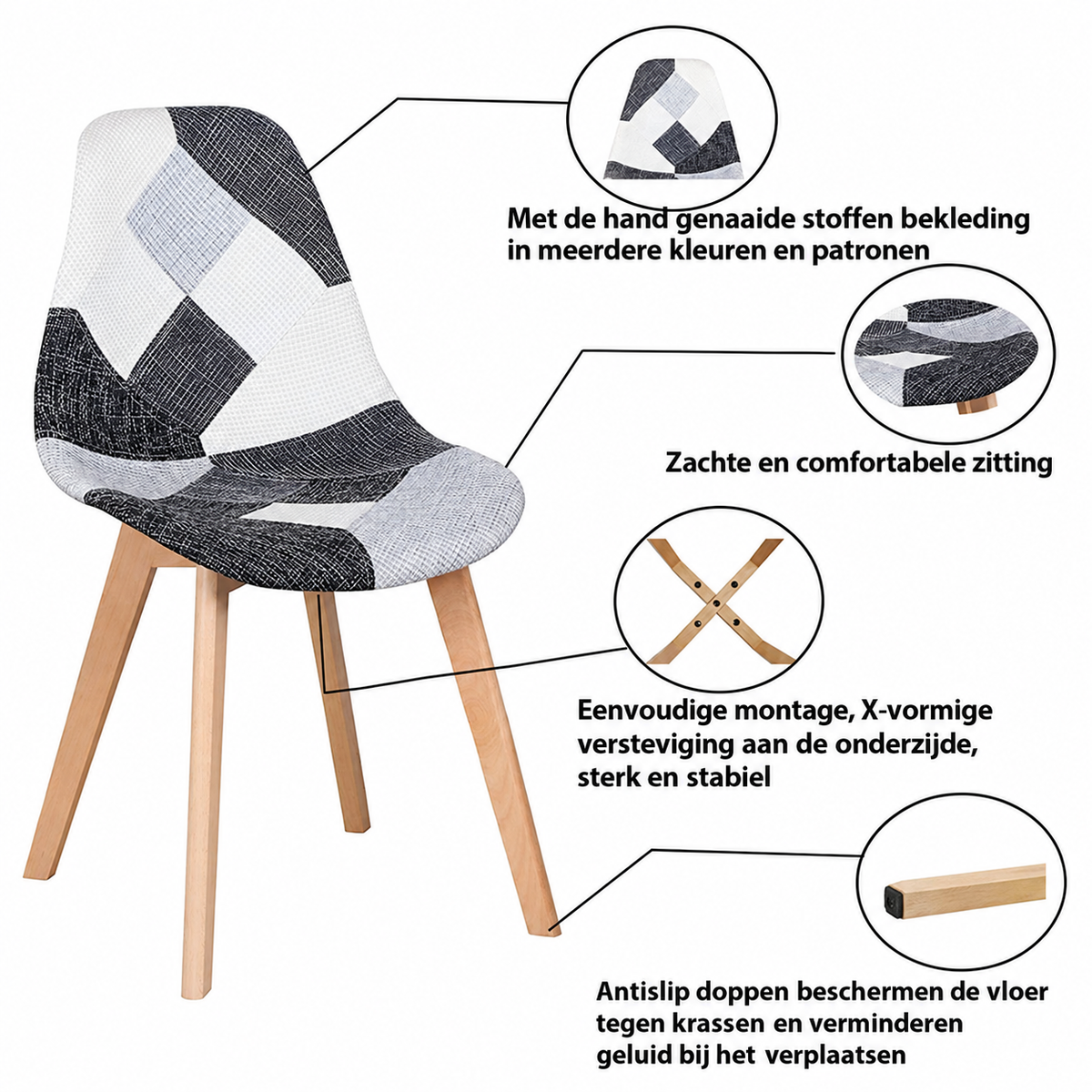 Set van 4 Nordic Patchwork Eetkamerstoelen – Moderne Comfortabele Stoelen voor Keuken en Woonkamer