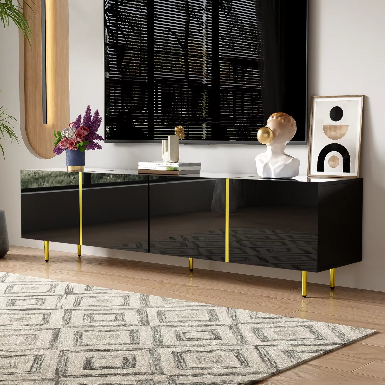 Black high-gloss 4-door TV wardrobe, modern and simple, black and gold color combination