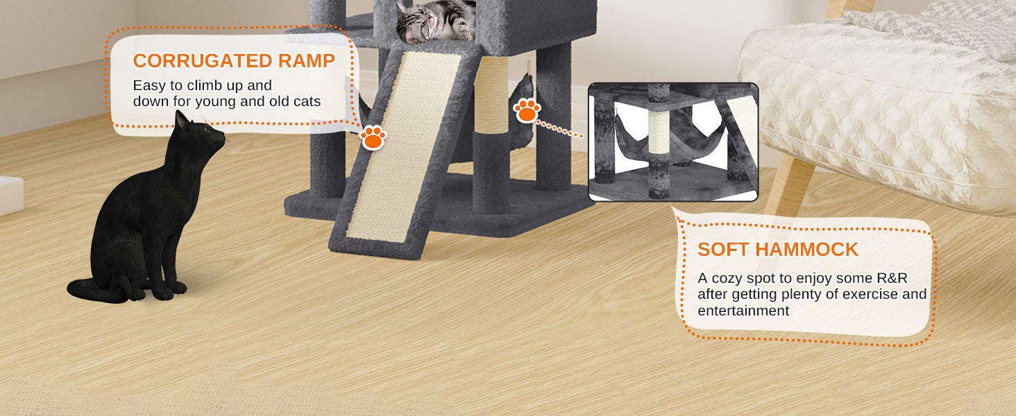 Katten Krabpaal 158 cm – Grote Kattenboom met 2 Huisjes, 2 Hangmatten & 7 Sisal Krabpalen – Luxe Klimtoren voor Binnenkatten