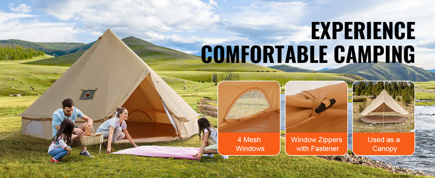 Canvas Bell Tent 5m – 4 Seizoenen Yurt Tent voor 8 Personen met Kachelaansluiting & Waterdicht Grondzeil