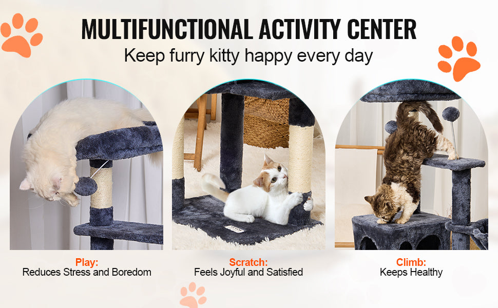 Kattenboom met Krabpaal en Hangmat – 5 Niveaus Donkergrijs met Huis en Speeltjes voor Binnenkatten
