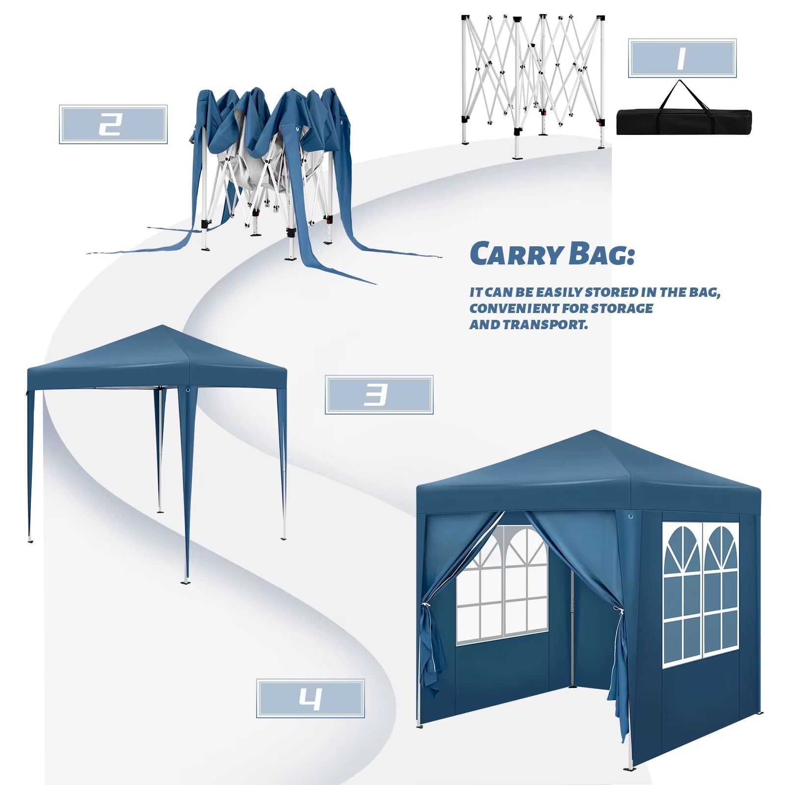Folding Garden Gazebo Canopy Pergola 2X2M with 4 Side Walls Adjustable Height UV Protection Waterproof with Carry Bag