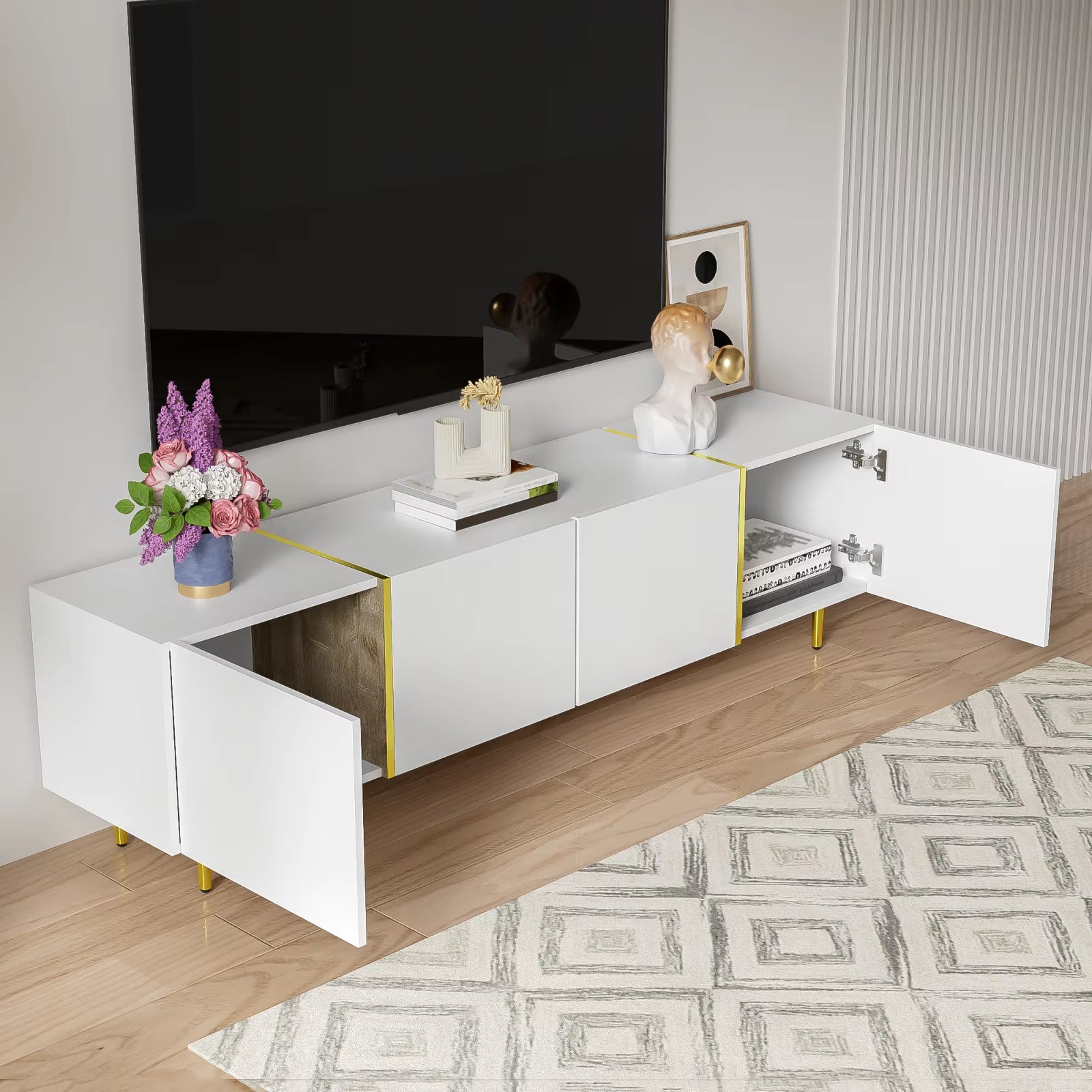 Black high-gloss 4-door TV wardrobe, modern and simple, black and gold color combination