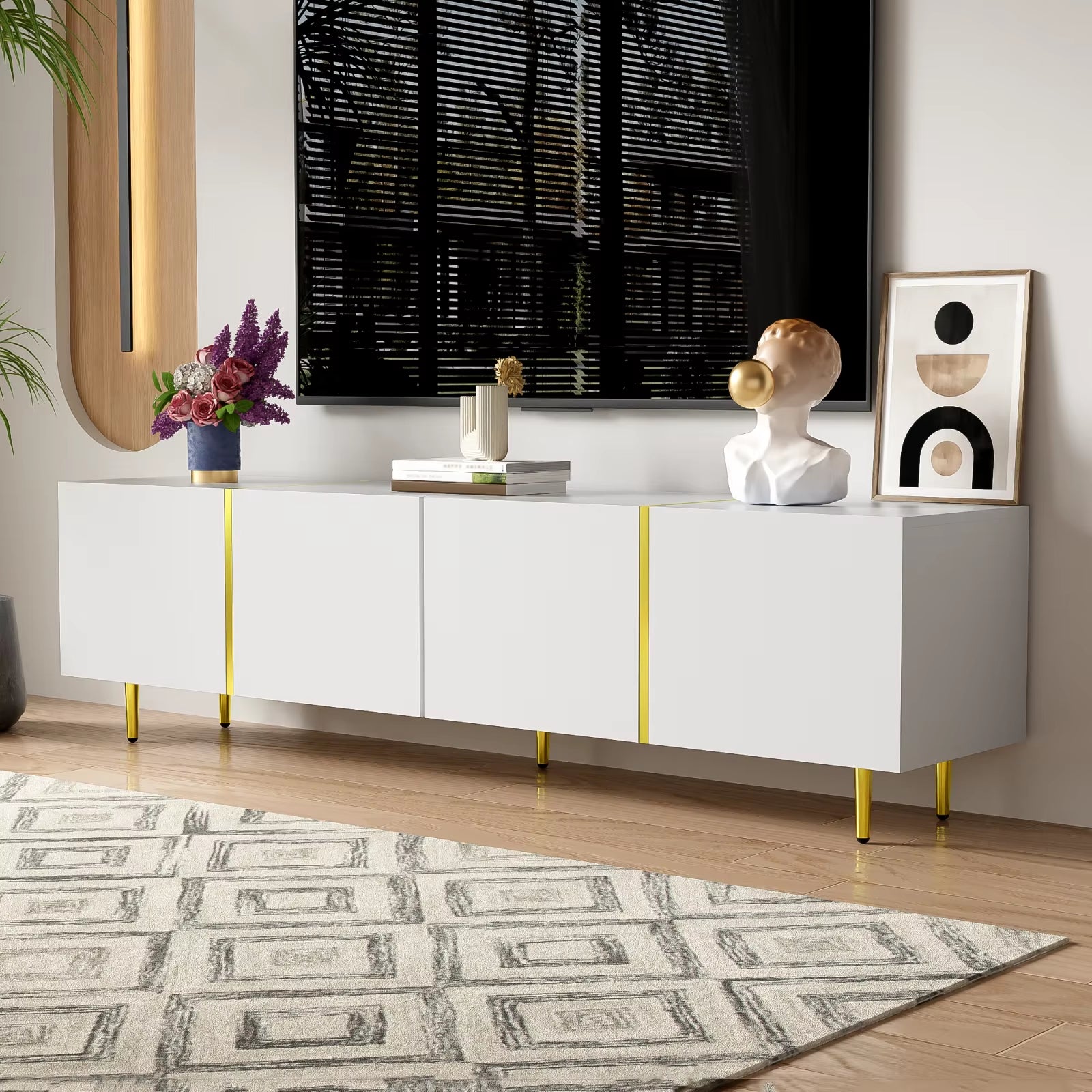 Black high-gloss 4-door TV wardrobe, modern and simple, black and gold color combination