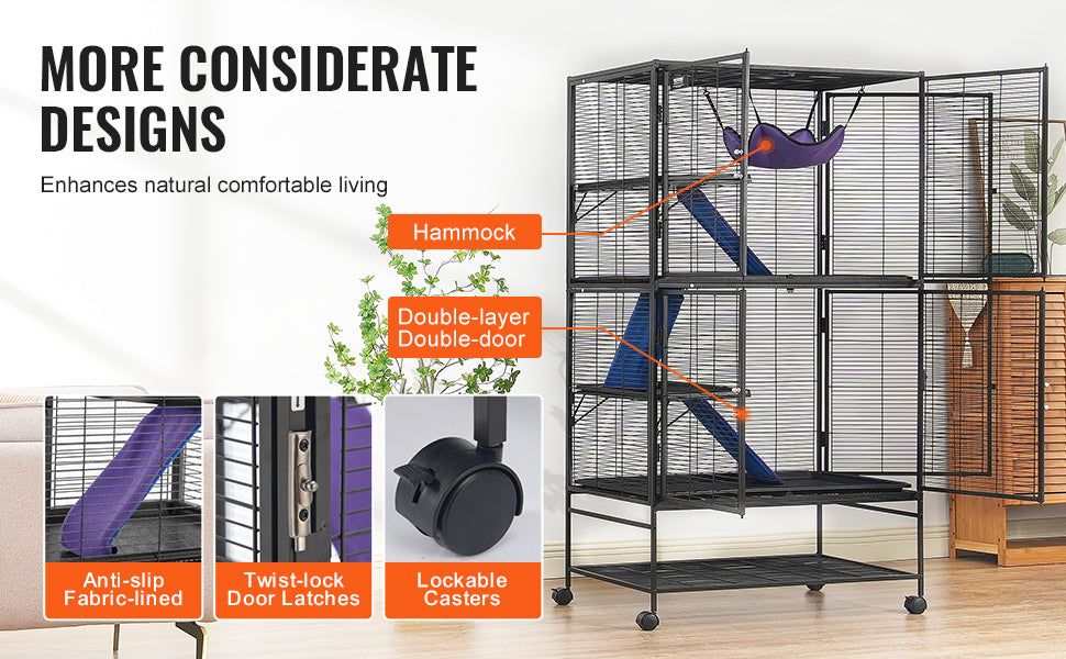 Grote Frettenkooi 164 cm met 4 Lagen – Metalen Dierenkooi met Platforms, Hangmat & Wielen – Voor Fretten, Chinchilla’s & Cavia’s