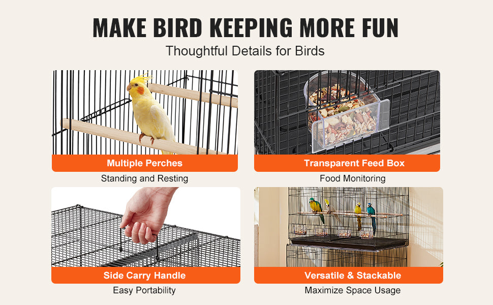 Stapelbare Vogelkooi met Scheidingswand en Lade – Grote Vliegkooi voor Kleine Vogels met Handvat en Voederdeuren