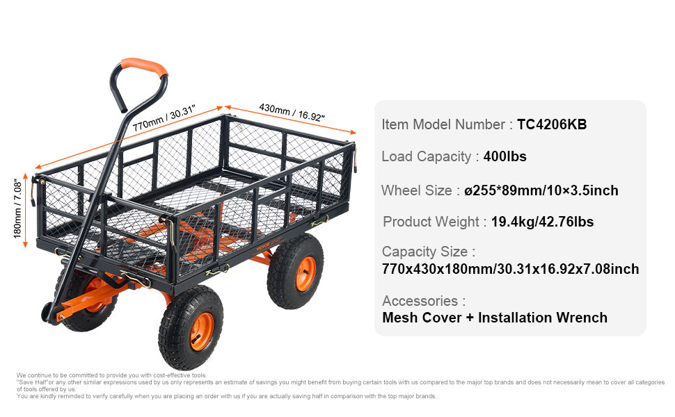 Tuinkar Metalen Kiepwagen 400 kg – Stevige Tuinwagen met 360° Wielen en Afneembare Zijpanelen