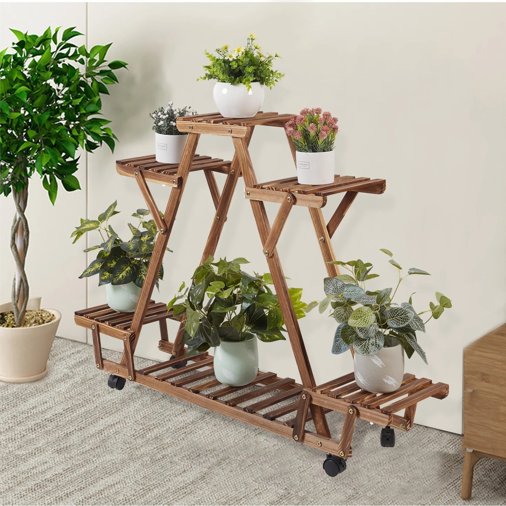 Driehoekige Houten Plantenstandaard – Plantenrek met Wielen (91x25x81 cm)