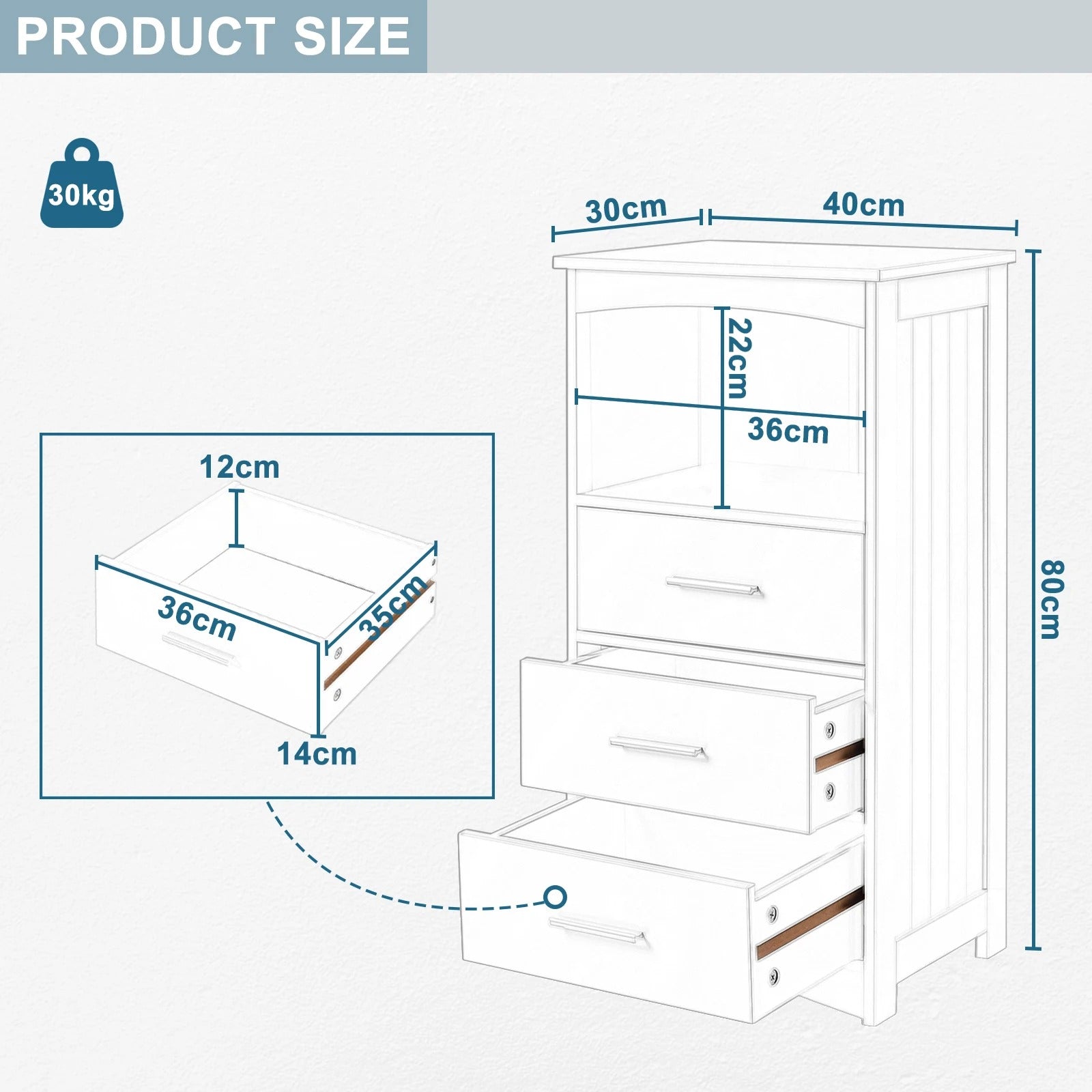 Whoopr Witte Hoekkast Badkamer 3 Laden Open Vak 40x30x80 cm