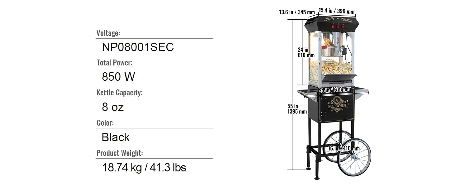 Professionele Popcornmaker met Kar – 8oz Ketel, 4 Schepjes – Commerciële Popcornmachine voor Evenementen en Kermissen
