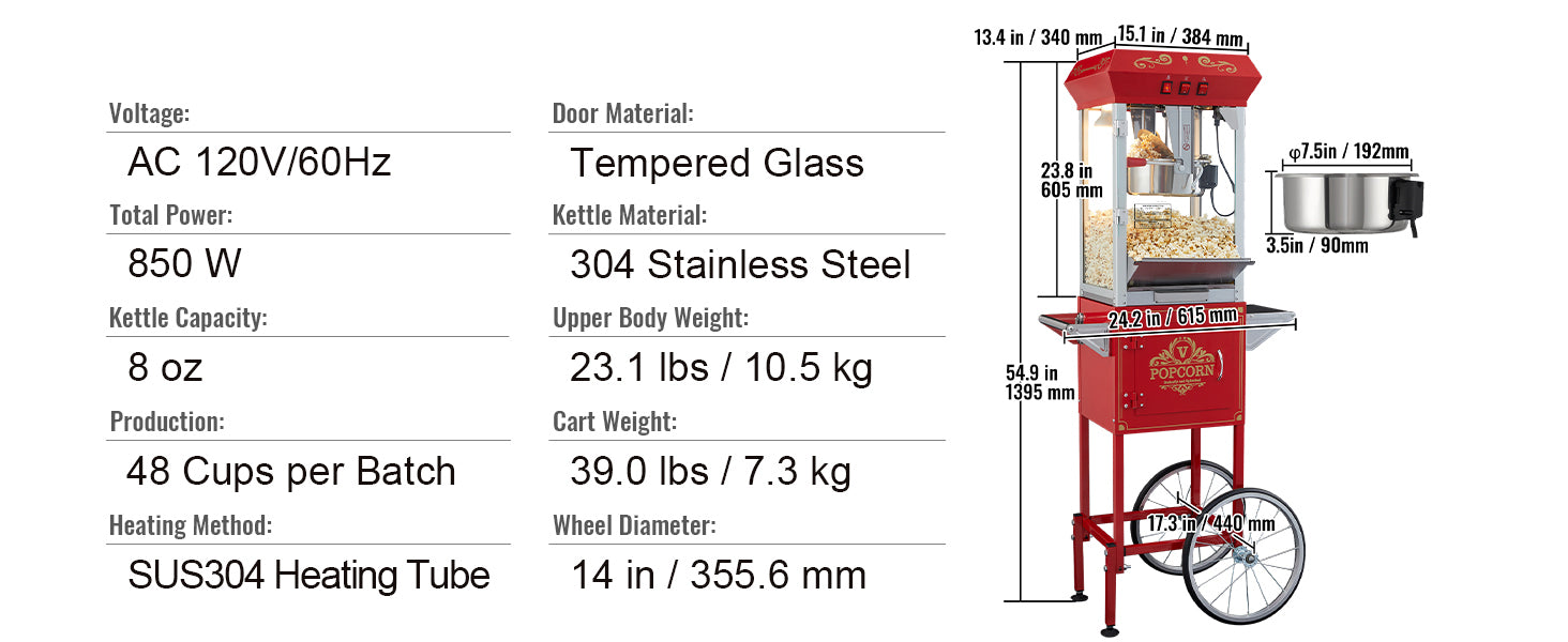 Professionele Popcornmaker met Kar – 8oz Ketel, 4 Schepjes – Commerciële Popcornmachine voor Evenementen en Kermissen
