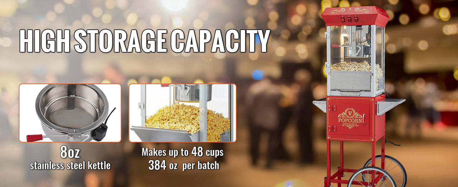 Professionele Popcornmaker met Kar – 8oz Ketel, 4 Schepjes – Commerciële Popcornmachine voor Evenementen en Kermissen