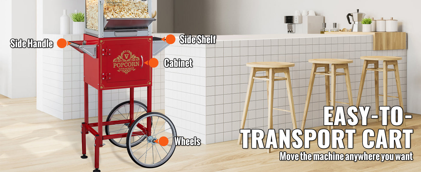 Professionele Popcornmaker met Kar – 8oz Ketel, 4 Schepjes – Commerciële Popcornmachine voor Evenementen en Kermissen