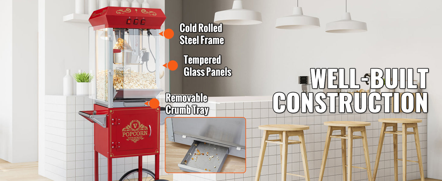 Professionele Popcornmaker met Kar – 8oz Ketel, 4 Schepjes – Commerciële Popcornmachine voor Evenementen en Kermissen