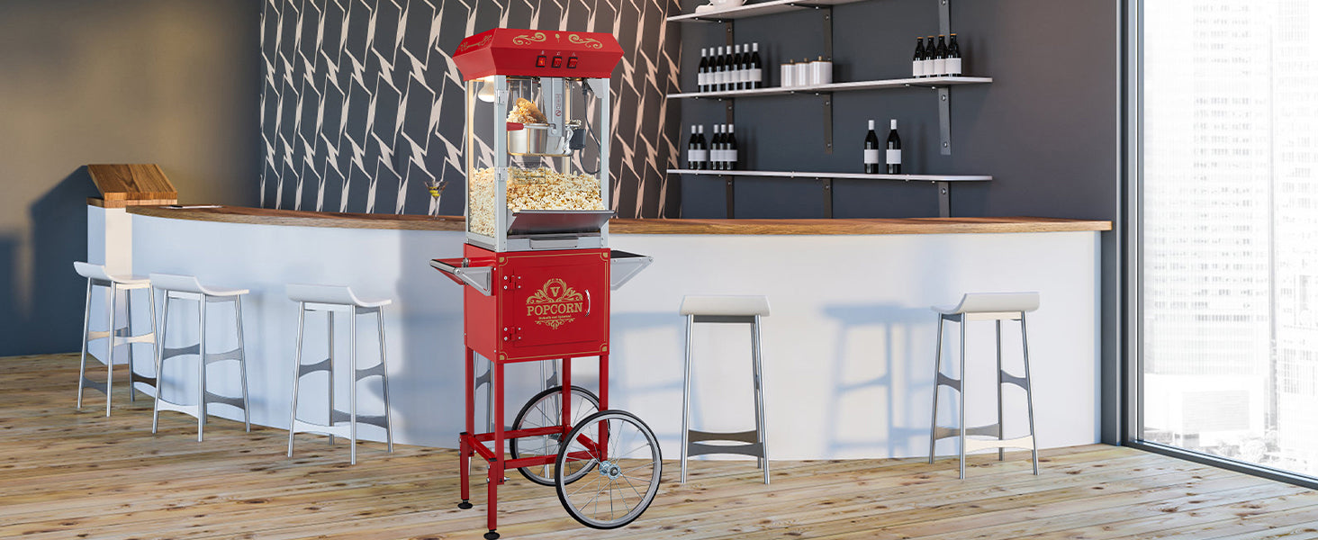 Professionele Popcornmaker met Kar – 8oz Ketel, 4 Schepjes – Commerciële Popcornmachine voor Evenementen en Kermissen