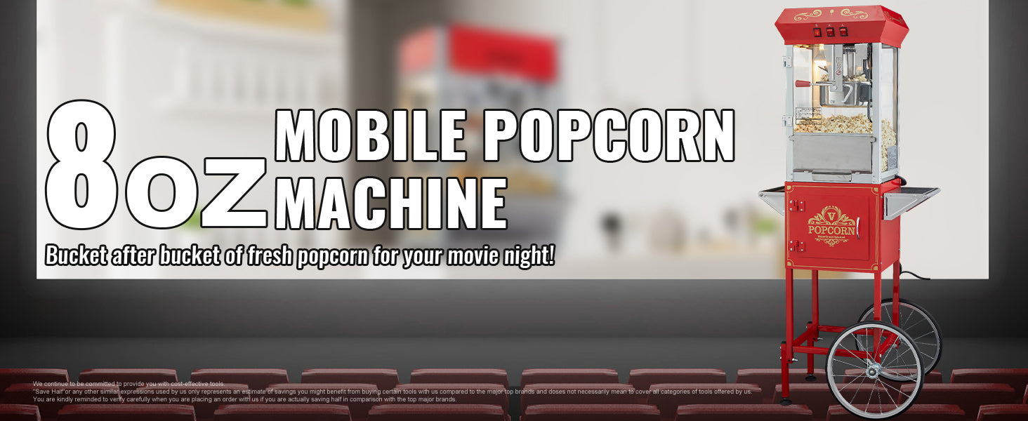 Professionele Popcornmaker met Kar – 8oz Ketel, 4 Schepjes – Commerciële Popcornmachine voor Evenementen en Kermissen