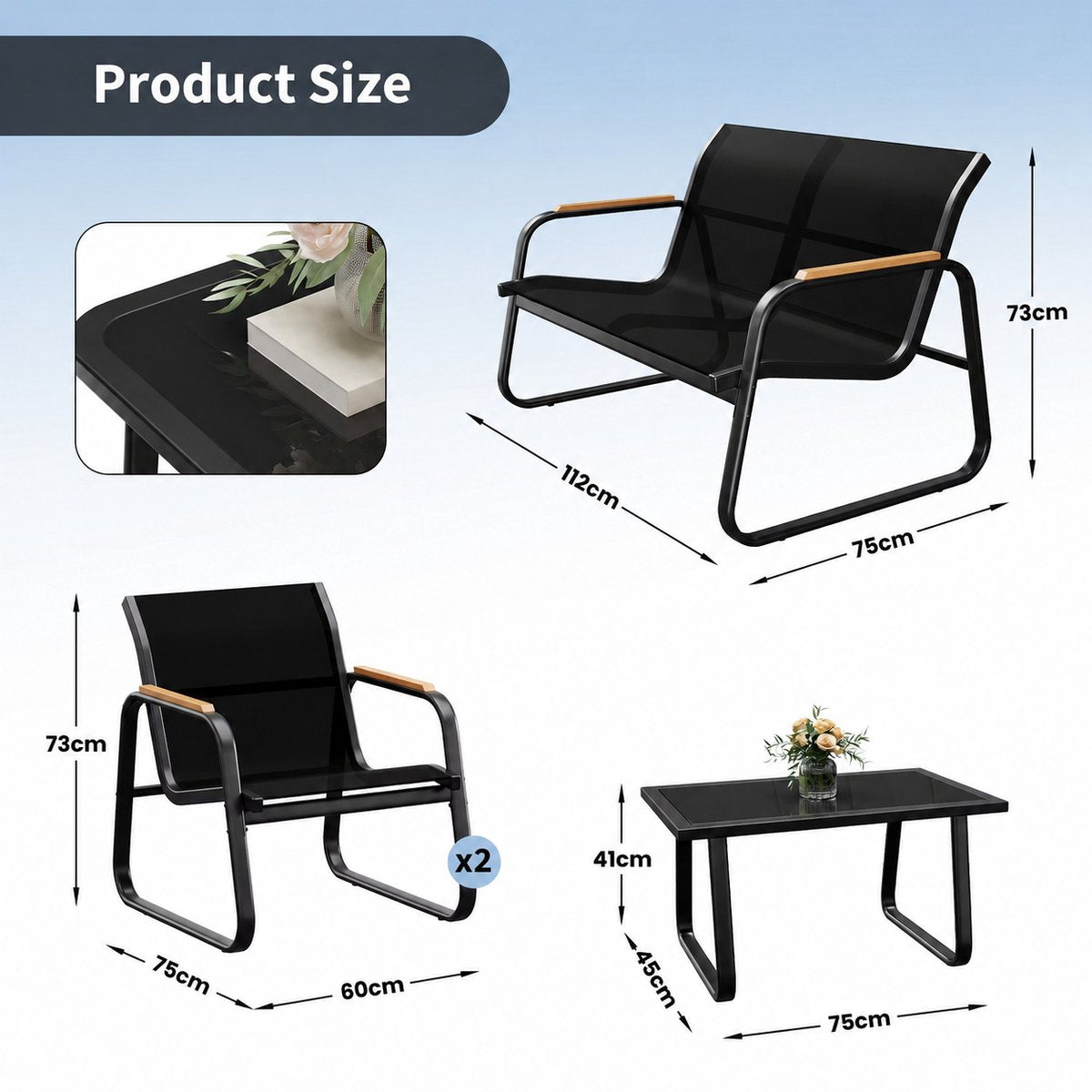 4-Delige Tuinmeubelset – Loungeset met 2-Zitsbank, 2 Stoelen & Glazen Salontafel – Weerbestendige Tuinset voor Tuin, Terras & Balkon