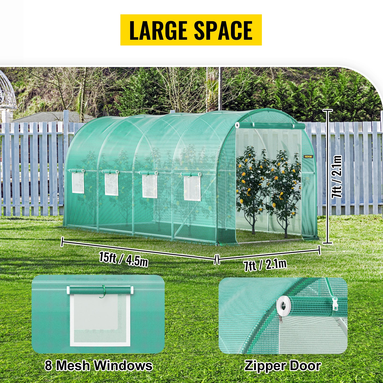 Tunnelkas 15x7 ft met Gegalvaniseerd Stalen Frame – Waterdichte PE Tuinkas met Ramen en Deur voor Groenten en Planten