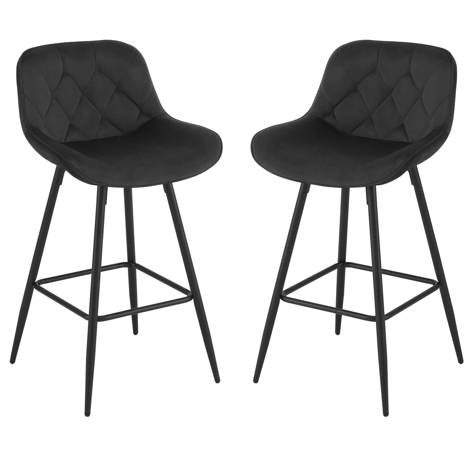 Set van 2 Fluwelen Barkrukken – Zwarte Gestoffeerde Barstoelen met Rugleuning